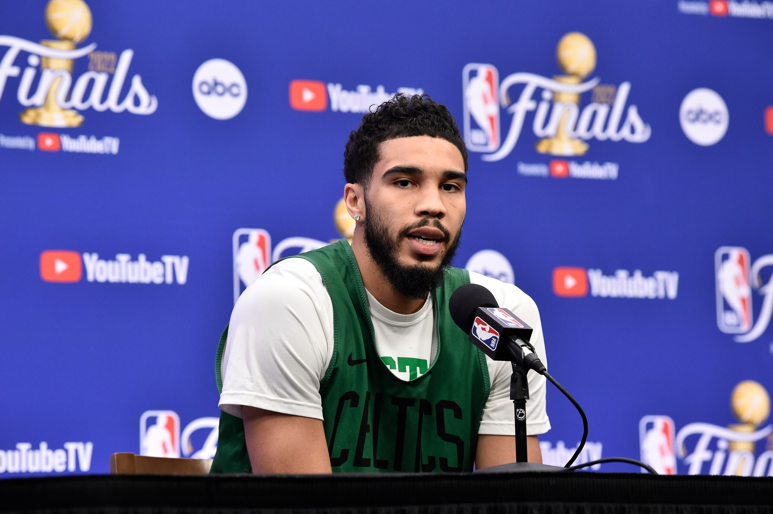 SAN FRANCISCO, CA - JUNE 7: Jayson Tatum #0 of the Boston Celtics speaks to the media during practice and media availability as part of the 2022 NBA Finals on June 7, 2022 at TD Garden in Boston, Massachusetts. NOTE TO USER: User expressly acknowledges and agrees that, by downloading and or using this photograph, User is consenting to the terms and conditions of the Getty Images License Agreement. Mandatory Copyright Notice: Copyright 2022 NBAE (Photo by David Dow/NBAE via Getty Images)