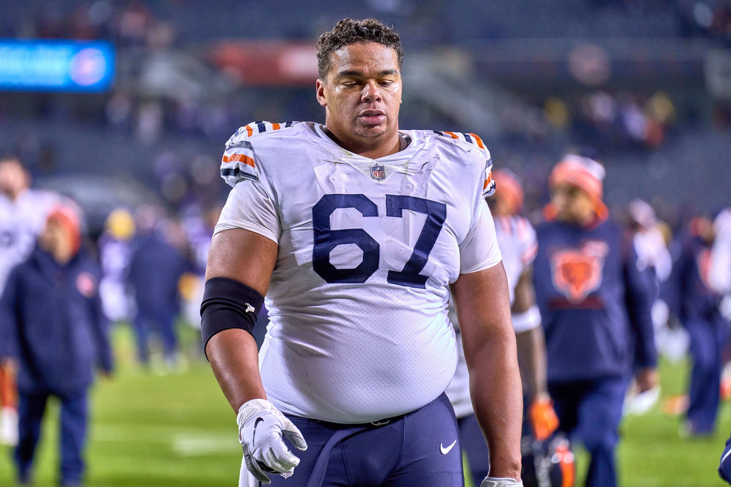 CHICAGO, IL - DECEMBER 20: Chicago Bears center Sam Mustipher (67) looks on during a game between the Chicago Bears and the Minnesota Vikings on December 20, 2021, at Soldier Field in Chicago, IL. (Photo by Robin Alam/Icon Sportswire via Getty Images)