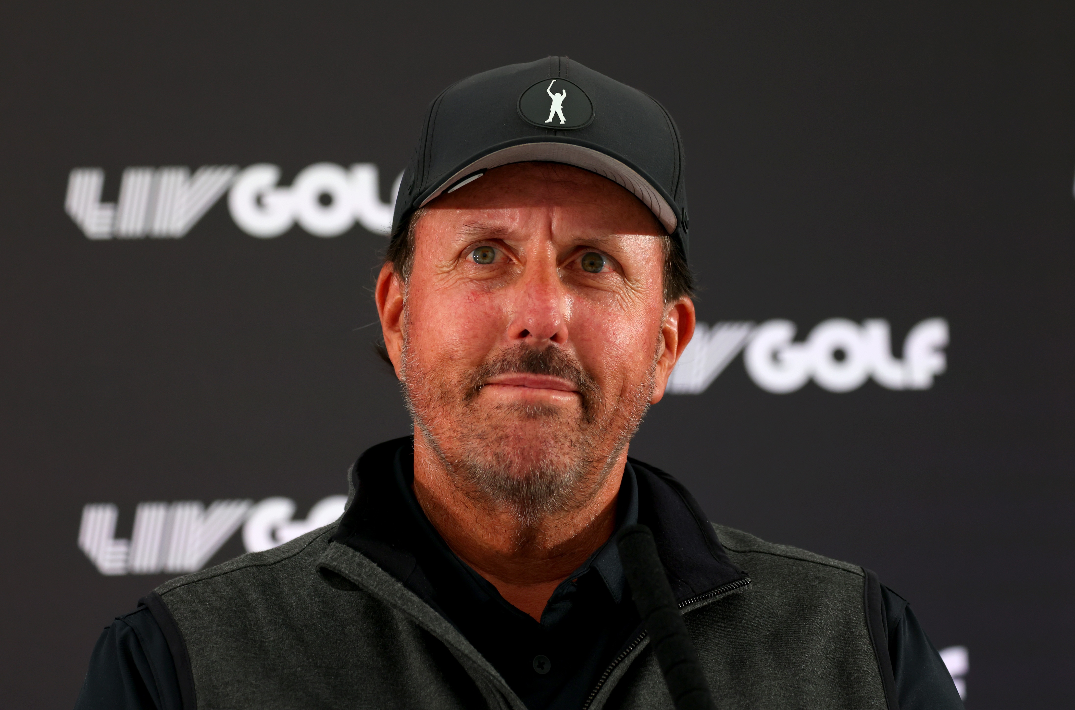 ST ALBANS, ENGLAND - JUNE 08: Phil Mickelson of the United States looks on during a press conference at The Centurion Club on June 08, 2022 in St Albans, England. (Photo by Chris Trotman/LIV Golf/Getty Images)
