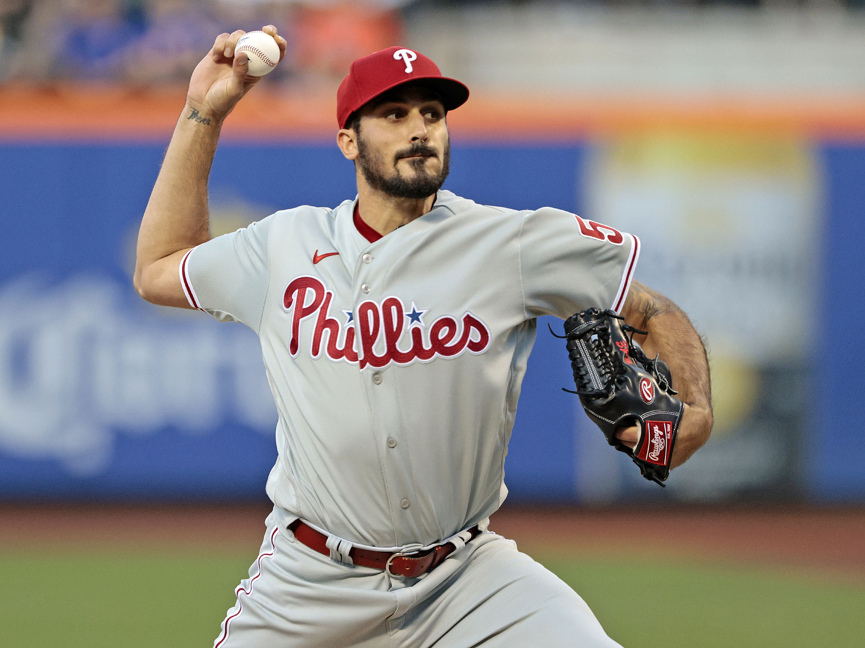 NEW YORK, NY - MAY 28: Zach Eflin #56 of the Philadelphia Phillies throws a pitch in the bottom of the first inning against the New York Mets at Citi Field on May 28, 2022 in New York City. (Photo by Christopher Pasatieri/Getty Images)
