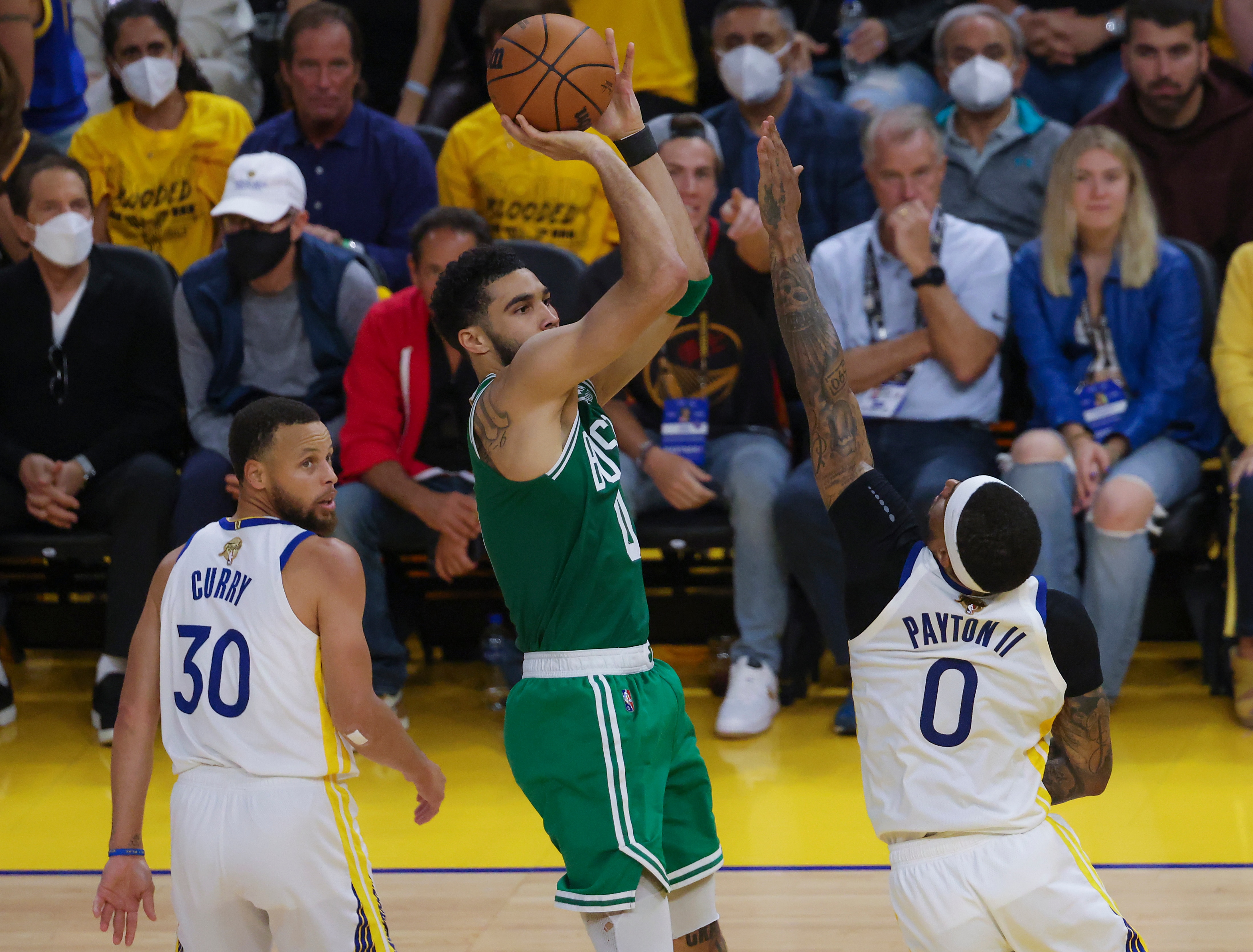 San Francisco - June 5: Boston Celtics forward Jayson Tatum (0) elevates over Golden State Warrior guard Gary Payton II (0) for a basket during second quarter action. The Boston Celtics visit the Golden State Warriors for Game 2 of the NBA Finals at the Chase Center in San Francisco, CA on June 5, 2022. (Photo by Matthew J. Lee/The Boston Globe via Getty Images)