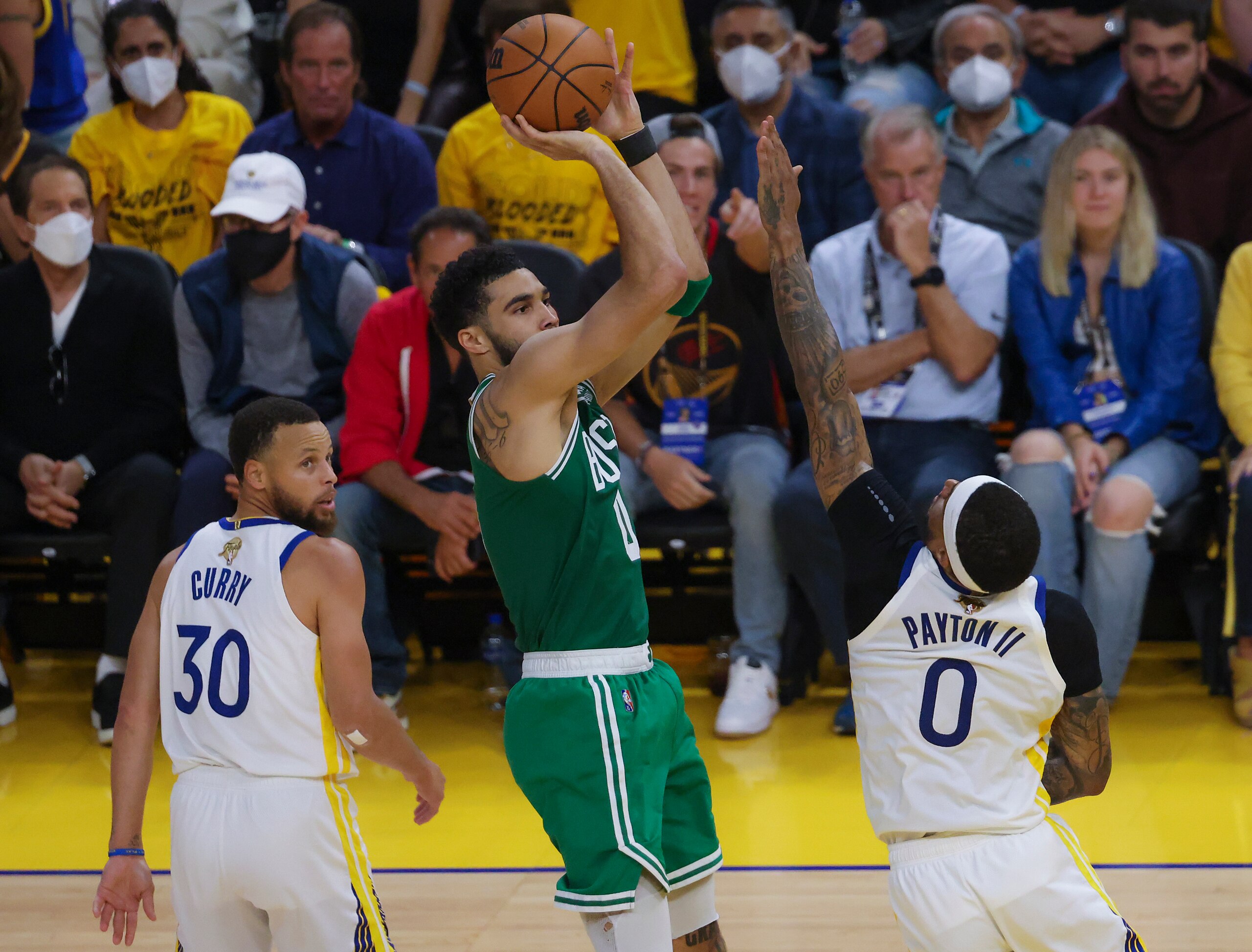 San Francisco - June 5: Boston Celtics forward Jayson Tatum (0) elevates over Golden State Warrior guard Gary Payton II (0) for a basket during second quarter action. The Boston Celtics visit the Golden State Warriors for Game 2 of the NBA Finals at the Chase Center in San Francisco, CA on June 5, 2022. (Photo by Matthew J. Lee/The Boston Globe via Getty Images)