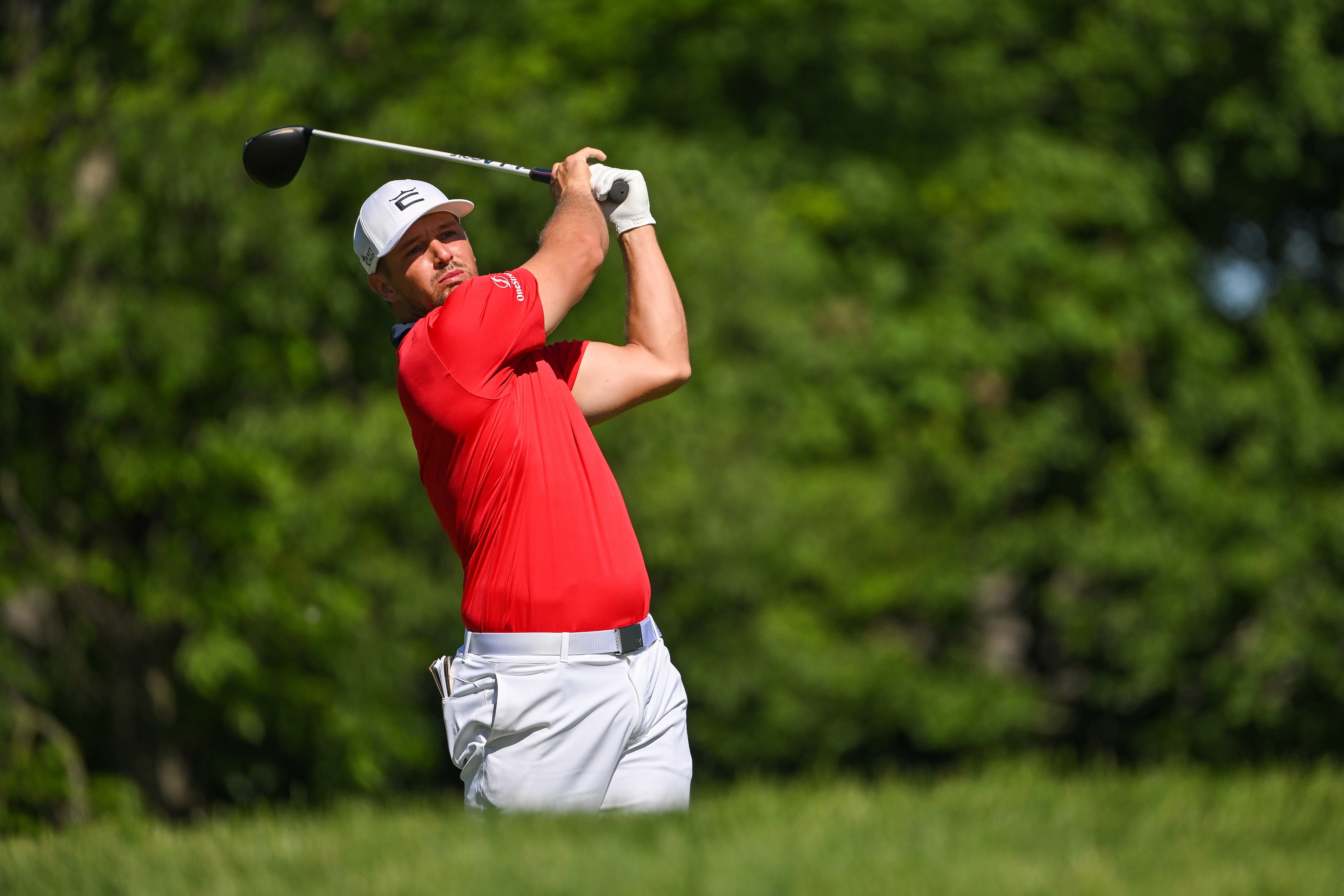 DUBLIN, OHIO - JUNE 03: Bryson DeChambeau tees off on the 18th hole during the second round of the Memorial Tournament presented by Workday at Muirfield Village Golf Club on June 3, 2022 in Dublin, Ohio. (Photo by Ben Jared/PGA TOUR via Getty Images)