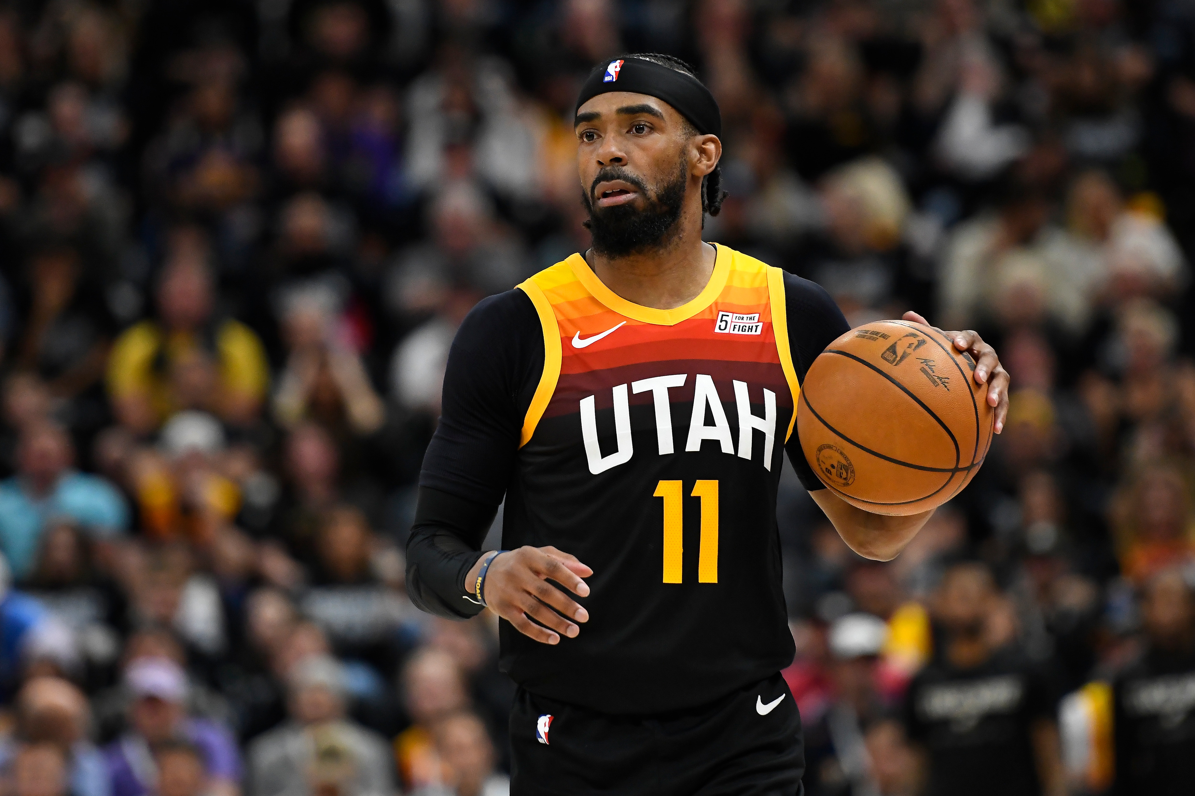 SALT LAKE CITY, UTAH - APRIL 28: Mike Conley #11 of the Utah Jazz in action during the second half of Game 6 of the Western Conference First Round Playoffs against the Dallas Mavericks at Vivint Smart Home Arena on April 28, 2022 in Salt Lake City, Utah. NOTE TO USER: User expressly acknowledges and agrees that, by downloading and/or using this Photograph, user is consenting to the terms and conditions of the Getty Images License Agreement. (Photo by Alex Goodlett/Getty Images)