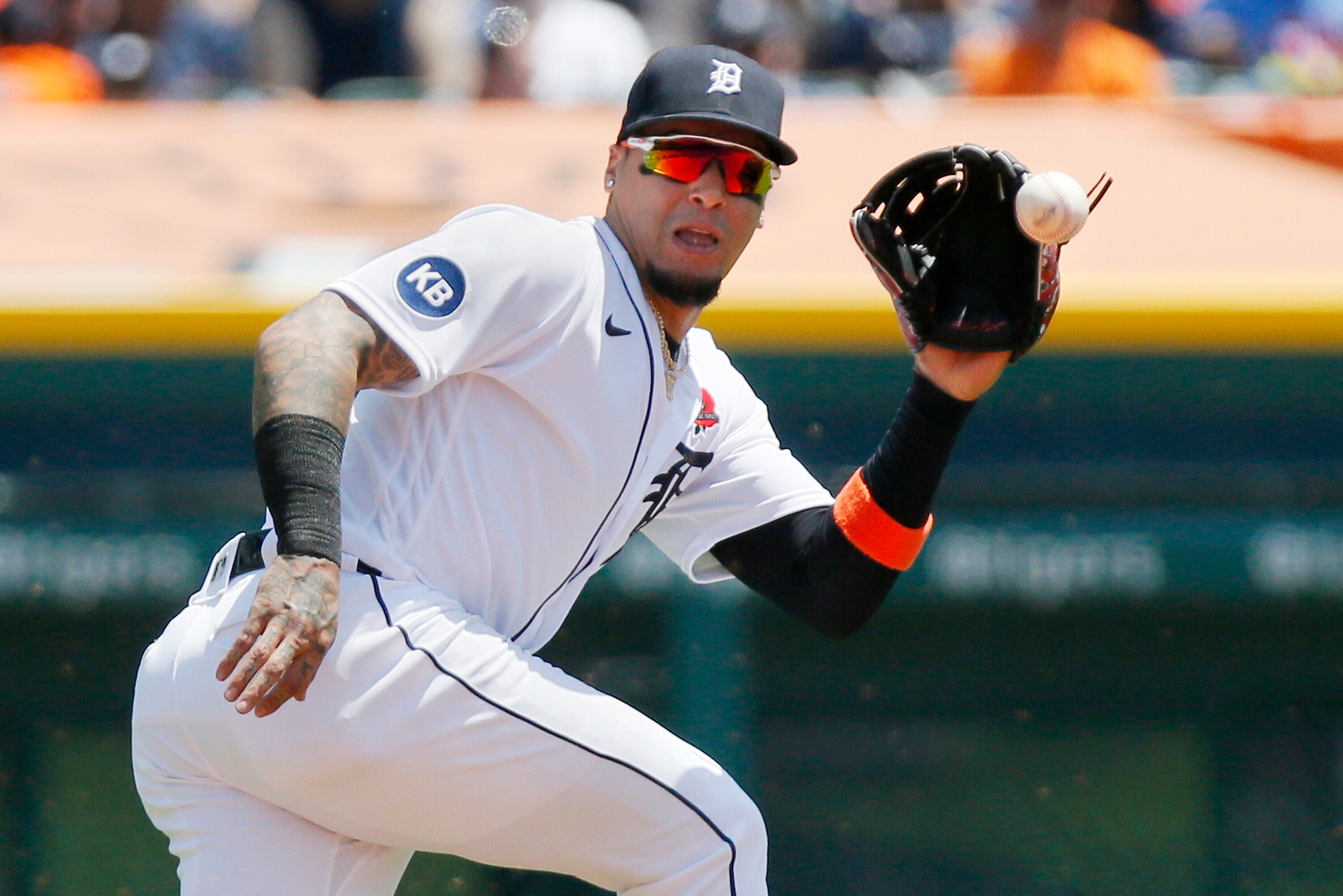 DETROIT, MI -  MAY 30:  Shortstop Javier Baez #28 of the Detroit Tigers fields a chopper hit by Gary Sanchez of the Minnesota Twins, then throws out Jorge Polanco at second base, for the third out of the third inning at Comerica Park on May 30, 2022, in Detroit, Michigan. (Photo by Duane Burleson/Getty Images)