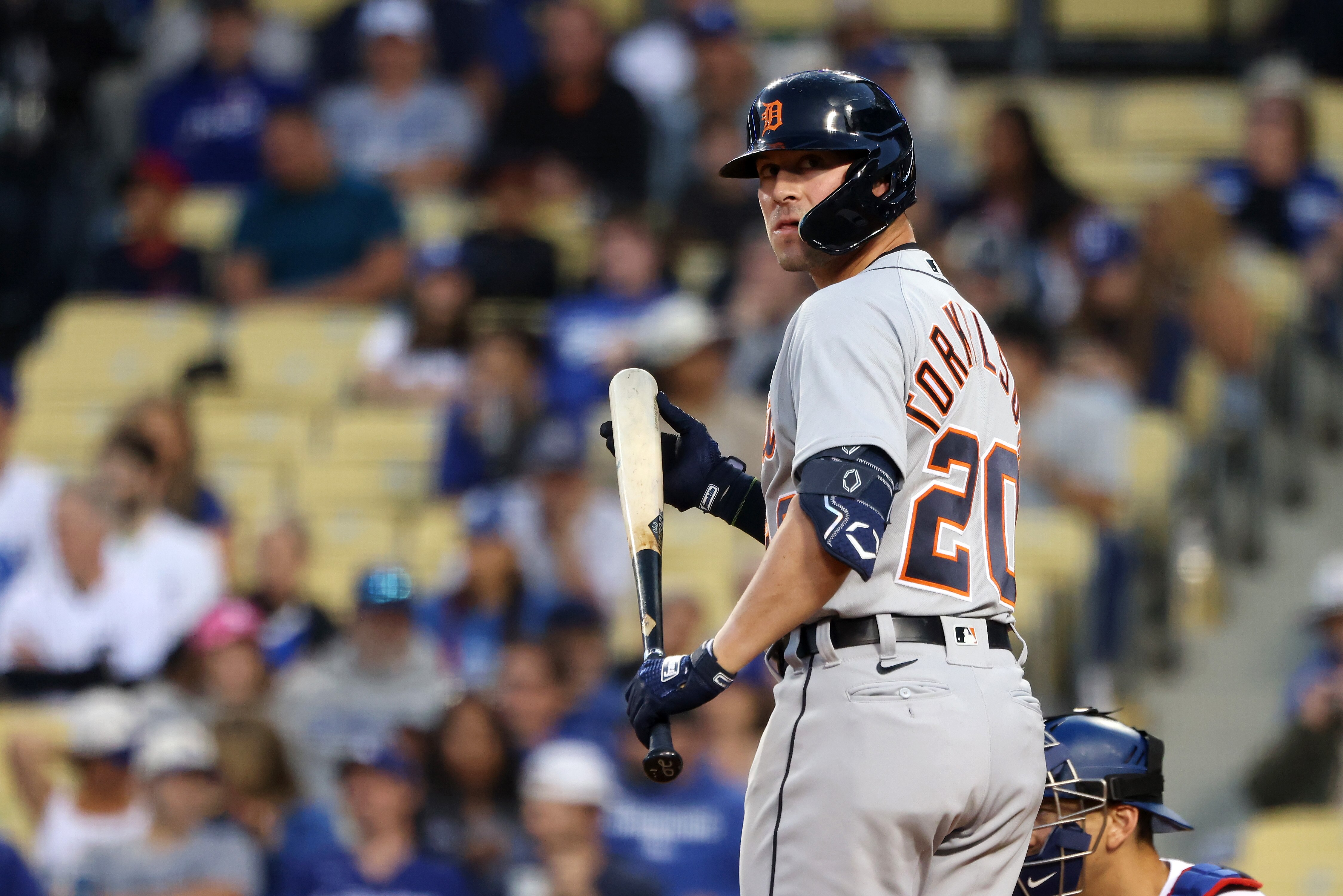LOS ANGELES, CALIFORNIA - APRIL 30: Spencer Torkelson #20 of the Detroit Tigers reacts during his at bat during the second inning against the Los Angeles Dodgers at Dodger Stadium on April 30, 2022 in Los Angeles, California. (Photo by Katelyn Mulcahy/Getty Images)
