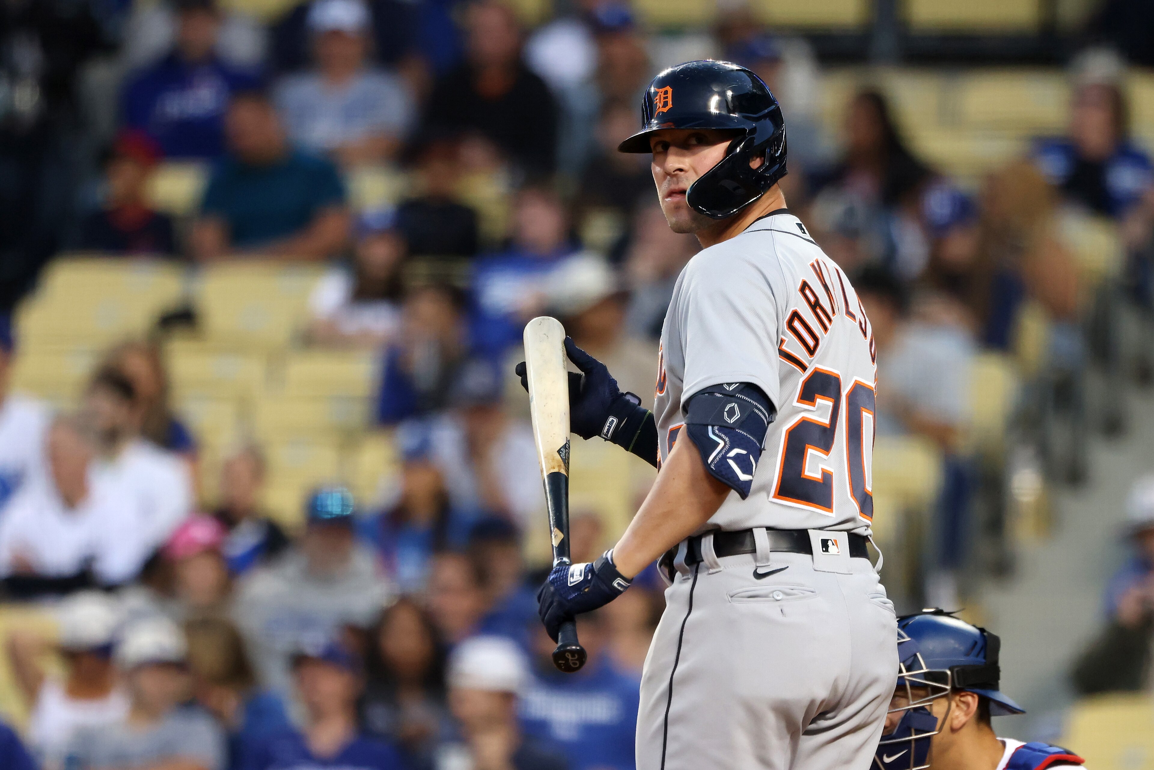 LOS ANGELES, CALIFORNIA - APRIL 30: Spencer Torkelson #20 of the Detroit Tigers reacts during his at bat during the second inning against the Los Angeles Dodgers at Dodger Stadium on April 30, 2022 in Los Angeles, California. (Photo by Katelyn Mulcahy/Getty Images) LOS ANGELES, CALIFORNIA - APRIL 30: Spencer Torkelson #20 of the Detroit Tigers reacts during his at bat during the second inning against the Los Angeles Dodgers at Dodger Stadium on April 30, 2022 in Los Angeles, California. (Photo by Katelyn Mulcahy/Getty Images)