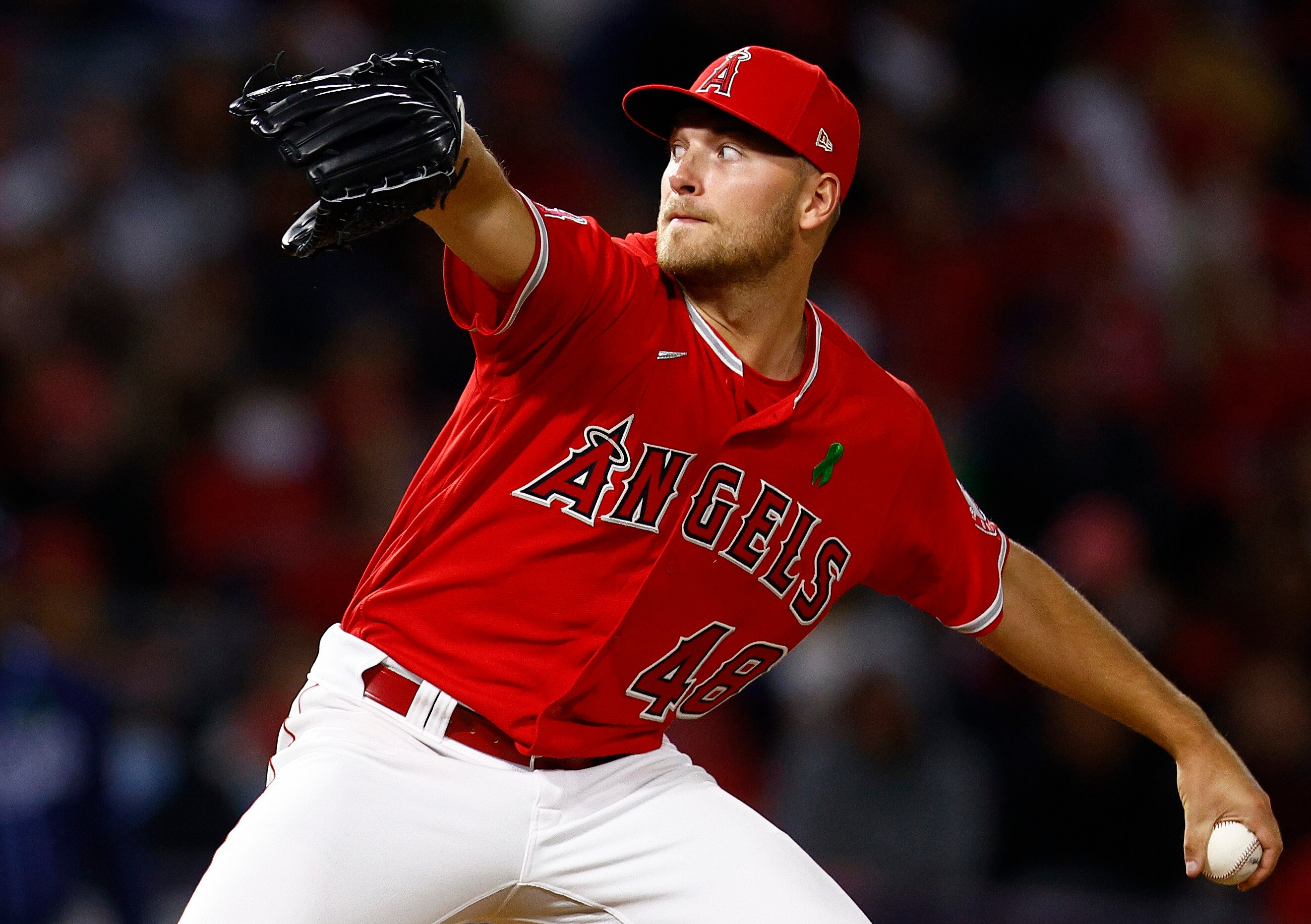 ANAHEIM, CALIFORNIA - MAY 10:  Reid Detmers #48 of the Los Angeles Angels in the eighth inning at Angel Stadium of Anaheim on May 10, 2022 in Anaheim, California. (Photo by Ronald Martinez/Getty Images)