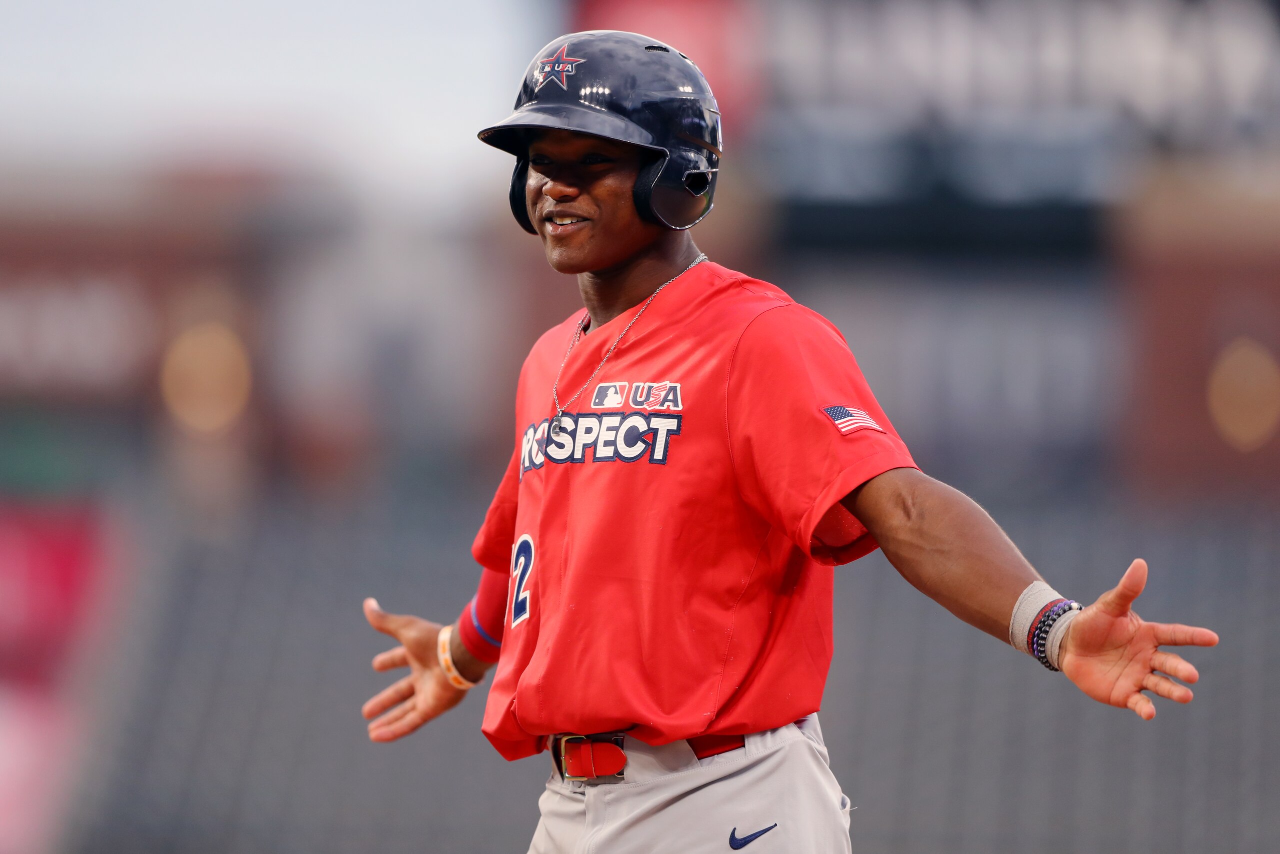 DENVER, CO - JULY 09:  Elijah Green #32 of the American League Team looks on during the MLB USA Baseball All-American Game at Coors Field on Friday, July 9, 2021 in Denver, Colorado. (Photo by Mary DeCicco/MLB Photos via Getty Images)