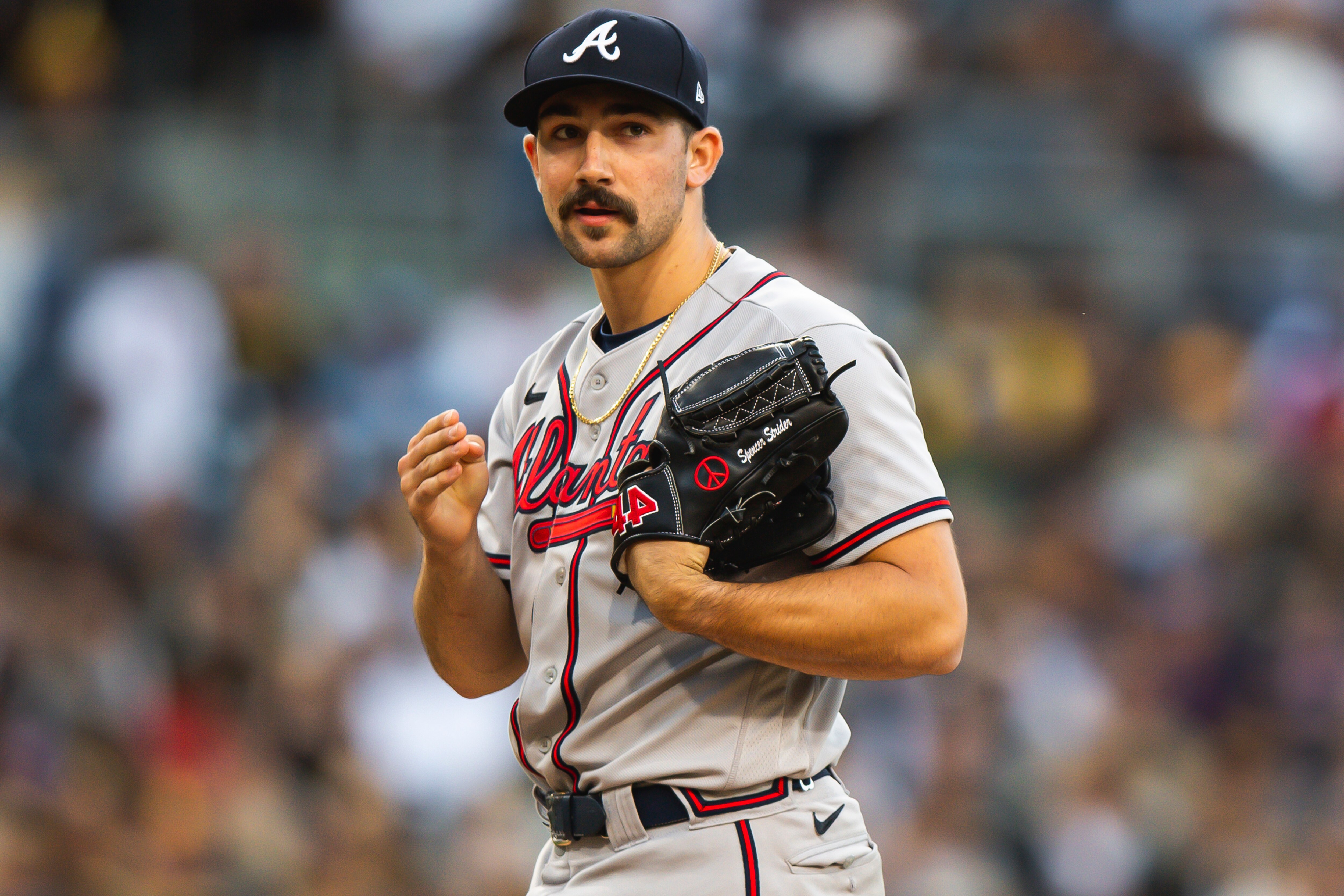 SAN DIEGO, CA - APRIL 17: Spencer Strider #65 of the Atlanta Braves pitches in the seventh inning against the San Diego Padres on April 17, 2022 at Petco Park in San Diego, California. (Photo by Matt Thomas/San Diego Padres/Getty Images)