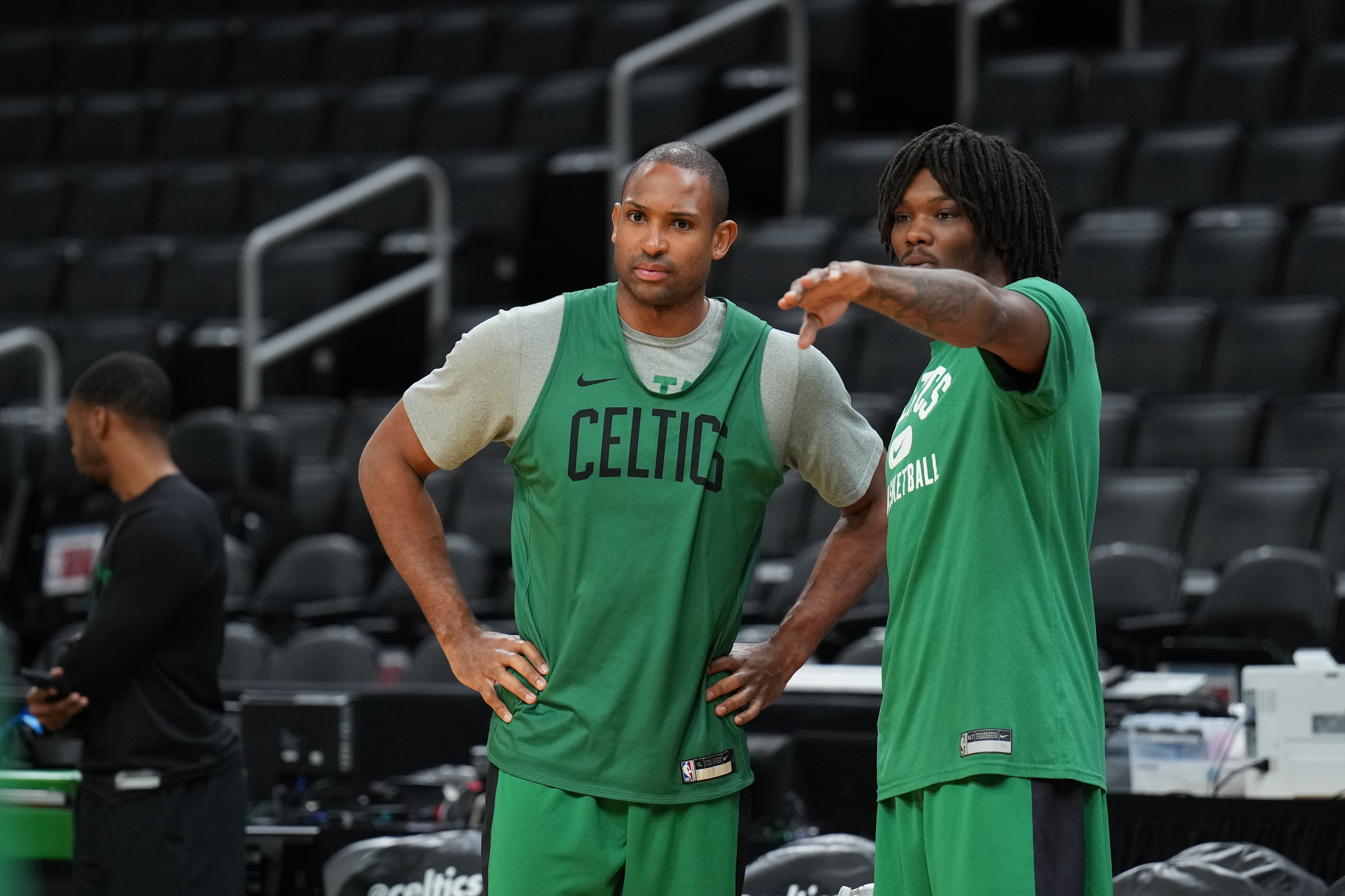BOSTON, MA  - JUNE 07: Al Horford and Robert Williams III of the Boston Celtics speak during 2022 NBA Finals Practice and Media Availability on June 7, 2022  at the TD Garden in Boston, Massachusetts. NOTE TO USER: User expressly acknowledges and agrees that, by downloading and or using this photograph, user is consenting to the terms and conditions of Getty Images License Agreement. Mandatory Copyright Notice: Copyright 2022 NBAE (Photo by Jesse D. Garrabrant/NBAE via Getty Images)