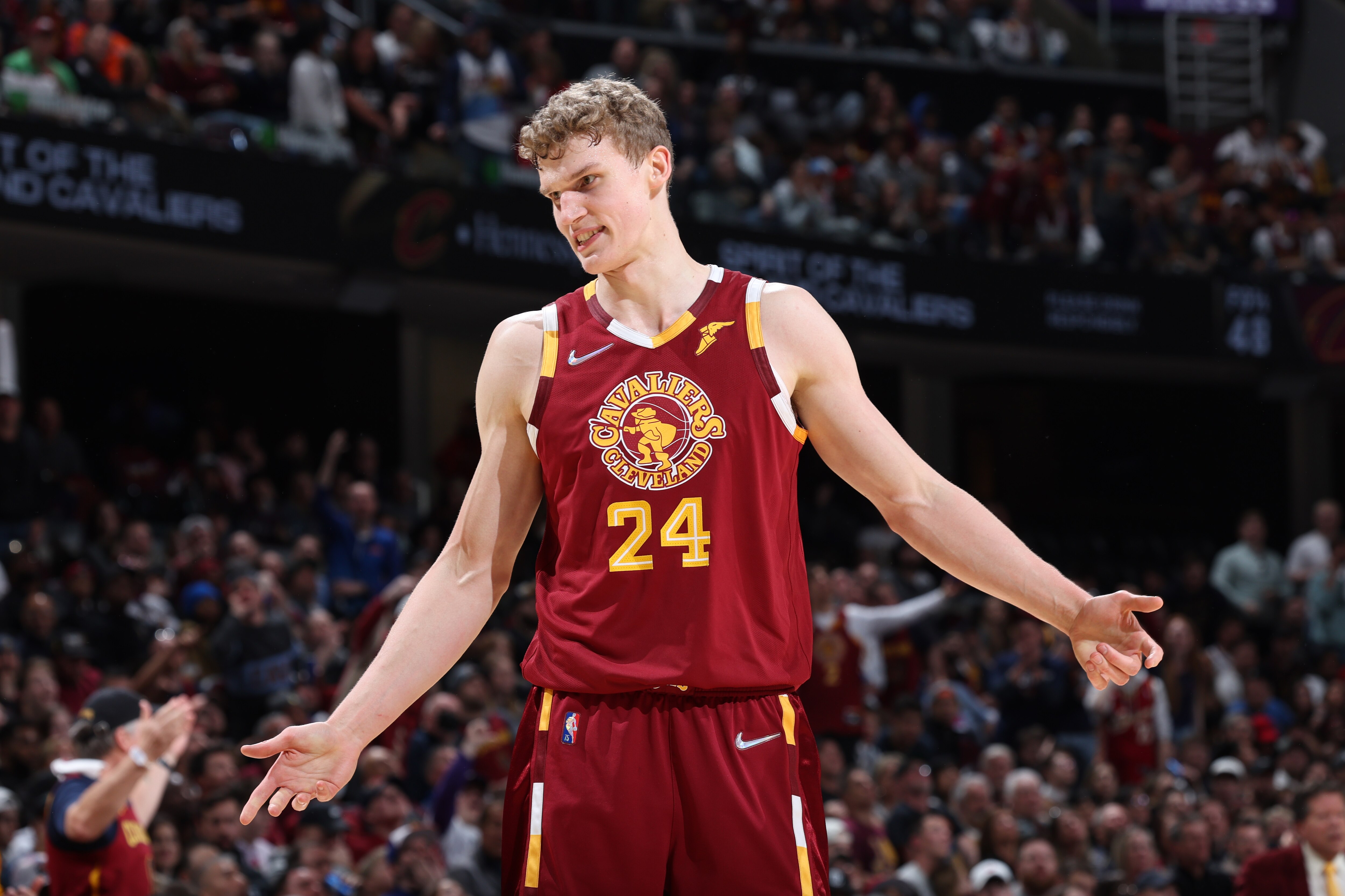 CHICAGO, IL - APRIL 15: Lauri Markkanen #24 of the Cleveland Cavaliers looks on during the game against the Atlanta Hawks during the 2022 Play-In Tournament on April 15, 2022 at Rocket Mortgage Fieldhouse in Cleveland, Ohio. NOTE TO USER: User expressly acknowledges and agrees that, by downloading and or using this photograph, User is consenting to the terms and conditions of the Getty Images License Agreement. Mandatory Copyright Notice: Copyright 2022 NBAE (Photo by Jeff Haynes/NBAE via Getty Images)