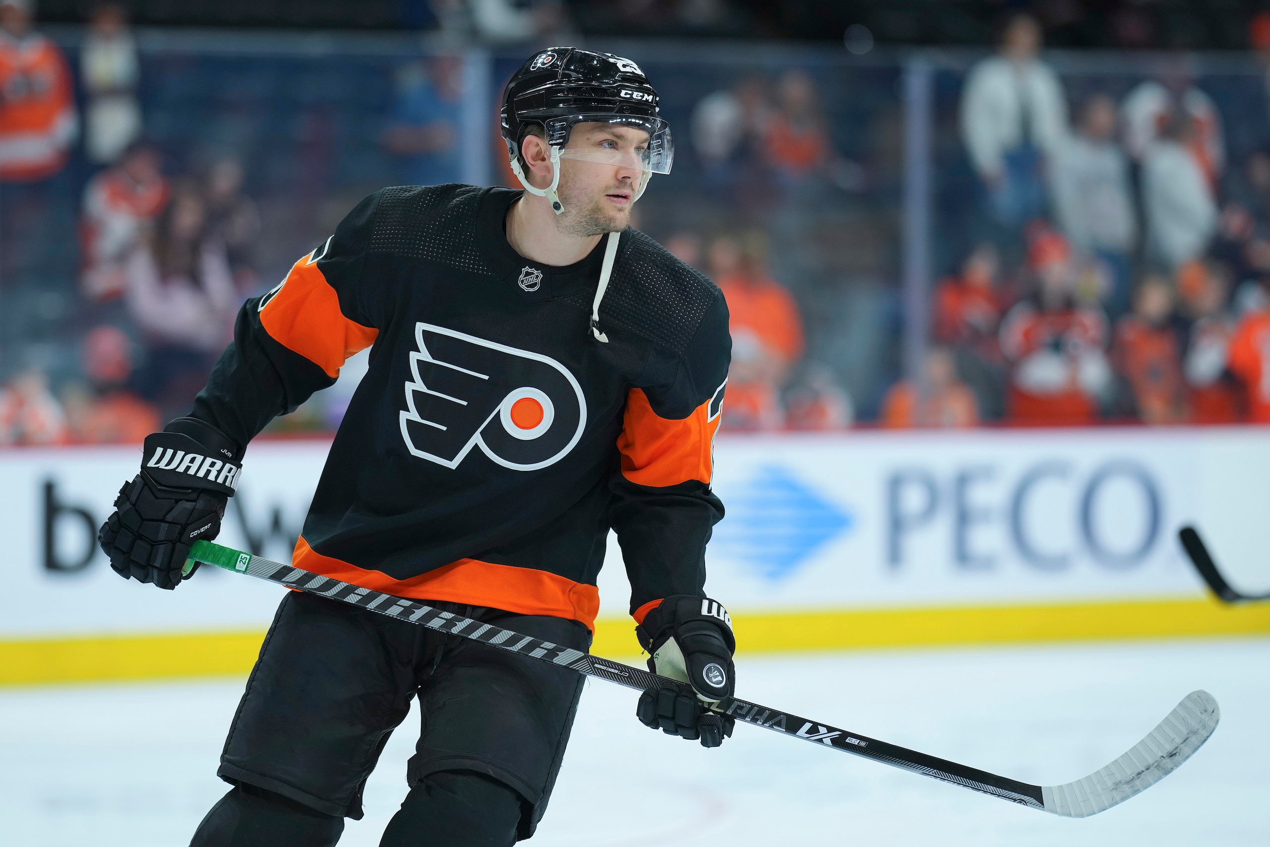 PHILADELPHIA, PA - APRIL 24: James van Riemsdyk #25 of the Philadelphia Flyers looks on prior to the game against the Pittsburgh Penguins at the Wells Fargo Center on April 24, 2022 in Philadelphia, Pennsylvania. The Philadelphia Flyers defeated the Pittsburgh Penguins 4-1. (Photo by Mitchell Leff/Getty Images)