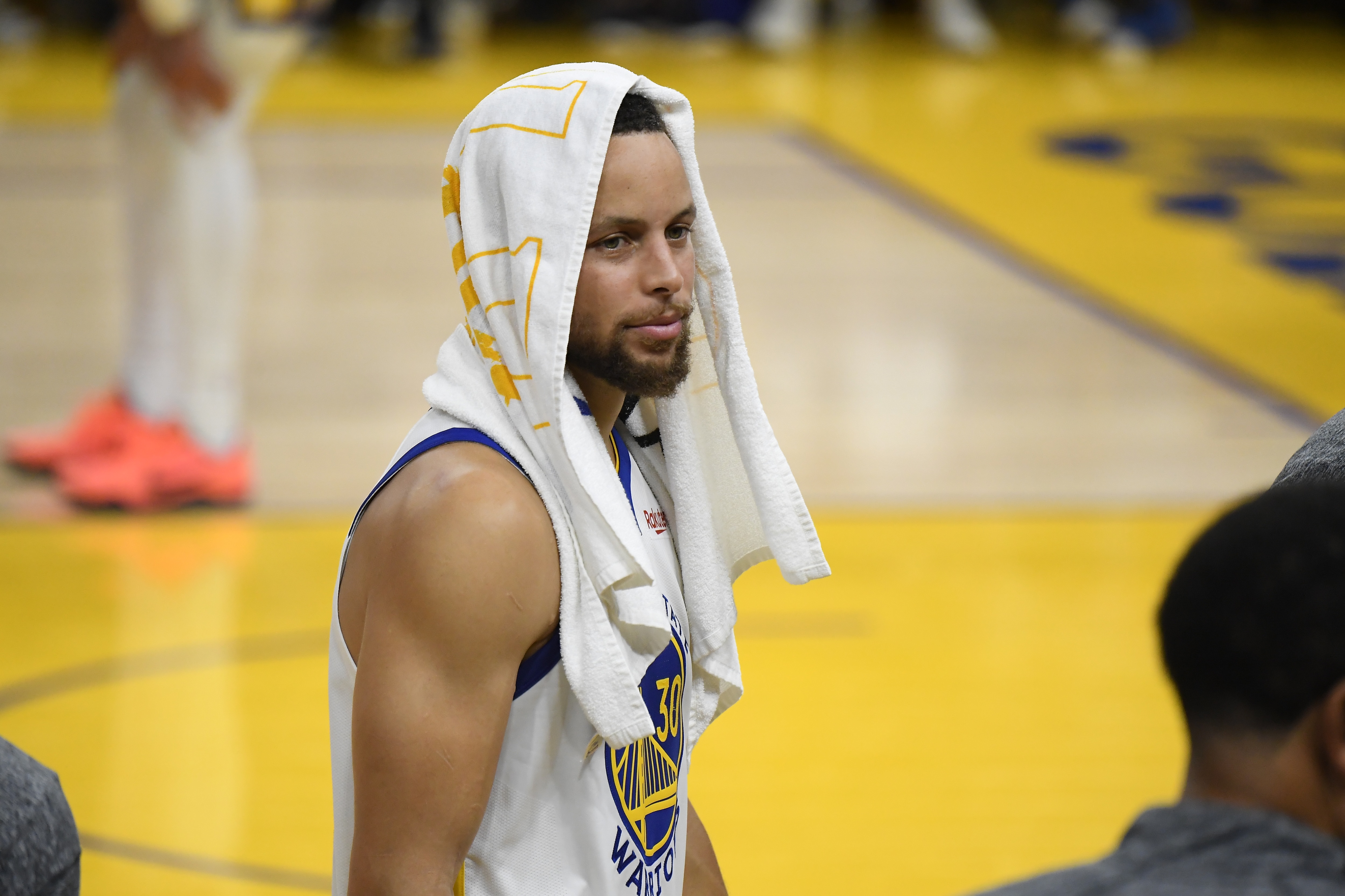 SAN FRANCISCO, CA - JUNE 5: Stephen Curry #30 of the Golden State Warriors looks on during Game Two of the 2022 NBA Finals against the Boston Celtics on June 5, 2022 at Chase Center in San Francisco, California. NOTE TO USER: User expressly acknowledges and agrees that, by downloading and or using this photograph, user is consenting to the terms and conditions of Getty Images License Agreement. Mandatory Copyright Notice: Copyright 2022 NBAE (Photo by Brian Babineau/NBAE via Getty Images)