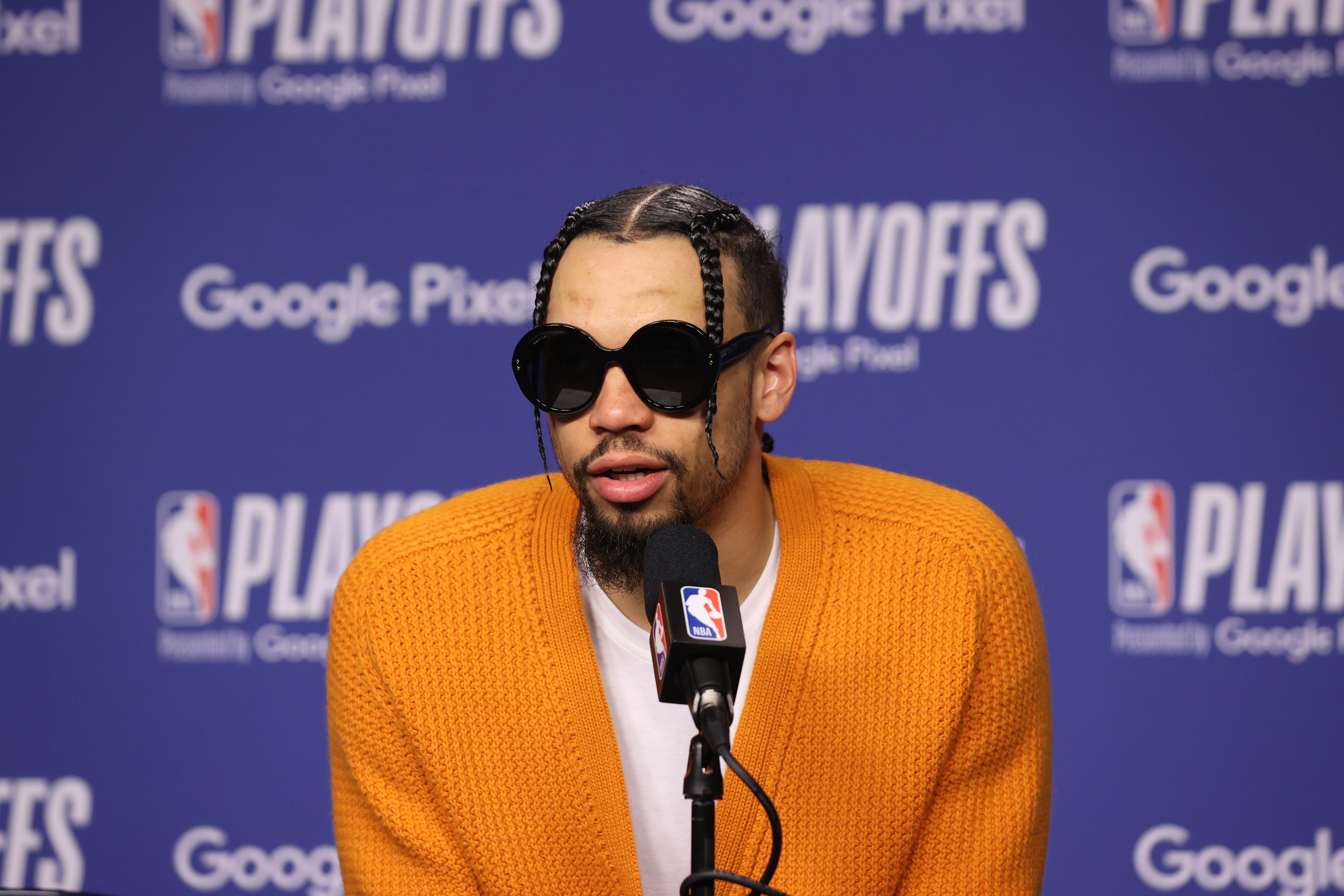 MEMPHIS, TN - MAY 11: Dillon Brooks #24 of the Memphis Grizzlies speaks to the media after the game against the Golden State Warriors during Game 5 of the 2022 NBA Playoffs Western Conference Semifinals on May 11, 2022 at FedExForum in Memphis, Tennessee. NOTE TO USER: User expressly acknowledges and agrees that, by downloading and or using this photograph, User is consenting to the terms and conditions of the Getty Images License Agreement. Mandatory Copyright Notice: Copyright 2022 NBAE (Photo by Joe Murphy/NBAE via Getty Images)
