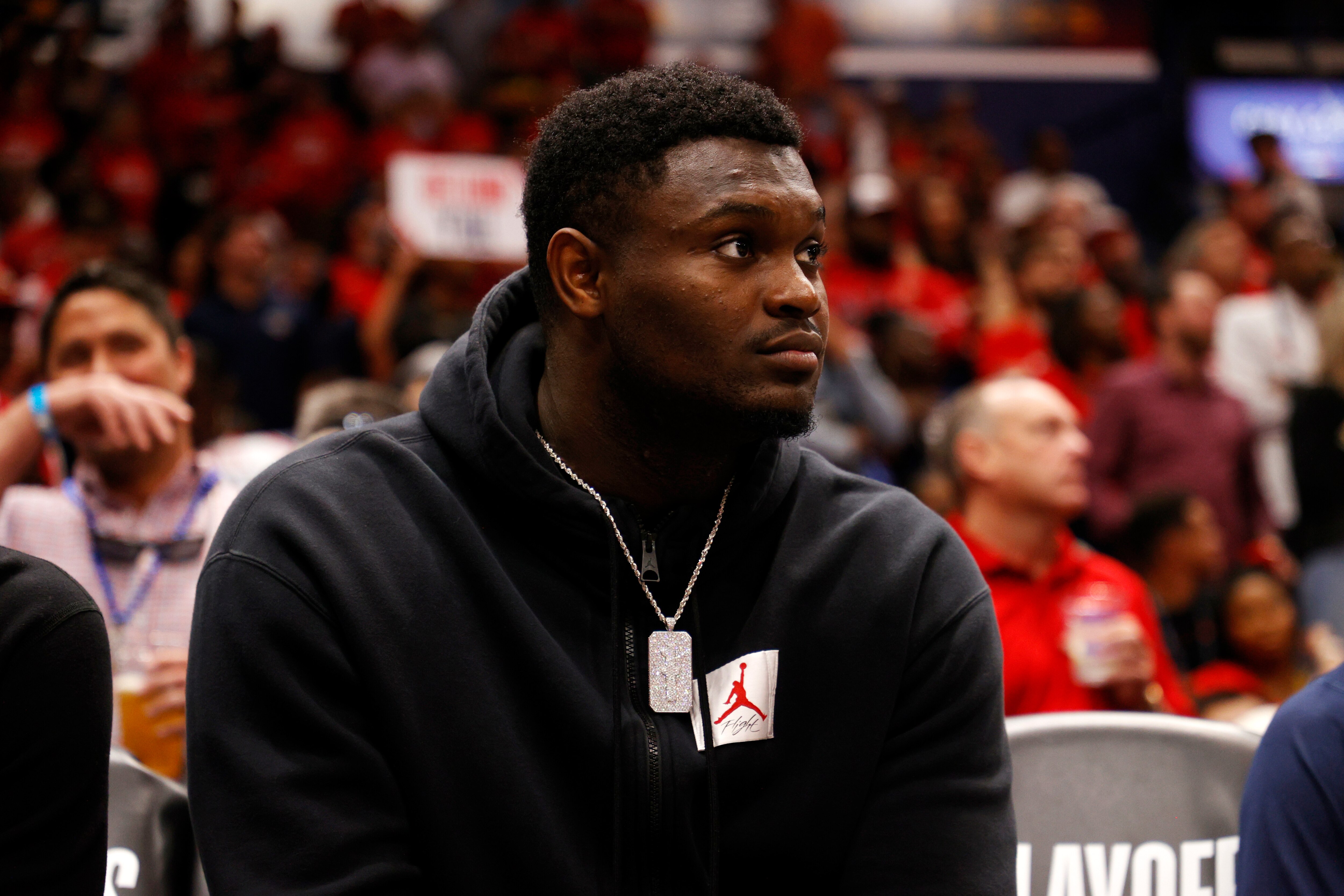 NEW ORLEANS, LOUISIANA - APRIL 28: Zion Williamson #1 of the New Orleans Pelicans looks on during the game against the Phoenix Suns at Smoothie King Center on April 28, 2022 in New Orleans, Louisiana.  NOTE TO USER: User expressly acknowledges and agrees that, by downloading and or using this Photograph, user is consenting to the terms and conditions of the Getty Images License Agreement.  (Photo by Chris Graythen/Getty Images)