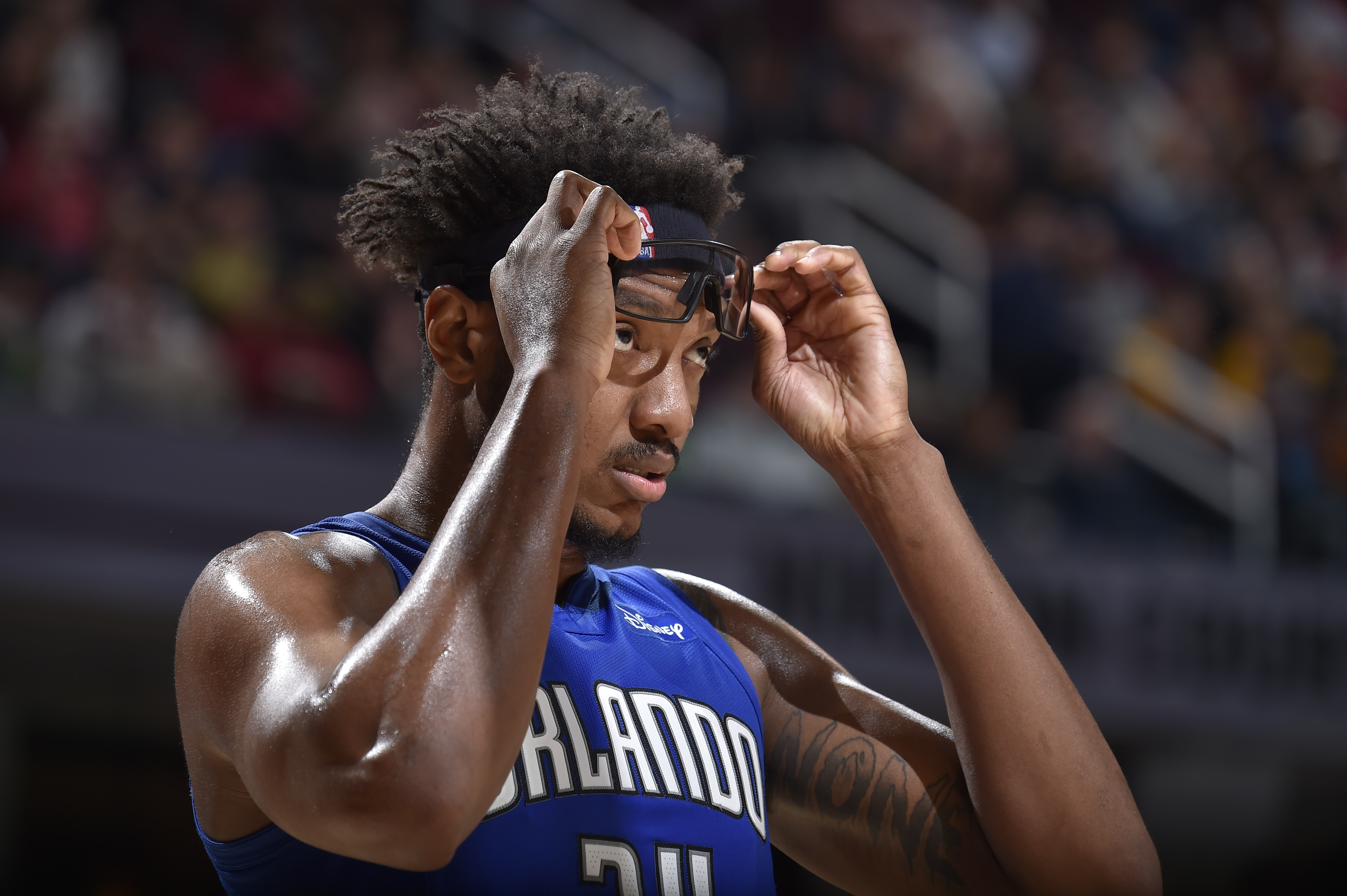 CLEVELAND, OH - MARCH 28: A closeup shot of Wendell Carter Jr. #34 of the Orlando Magic during the game against the Cleveland Cavaliers on March 28, 2022 at Rocket Mortgage FieldHouse in Cleveland, Ohio. NOTE TO USER: User expressly acknowledges and agrees that, by downloading and/or using this Photograph, user is consenting to the terms and conditions of the Getty Images License Agreement. Mandatory Copyright Notice: Copyright 2022 NBAE (Photo by David Liam Kyle/NBAE via Getty Images)