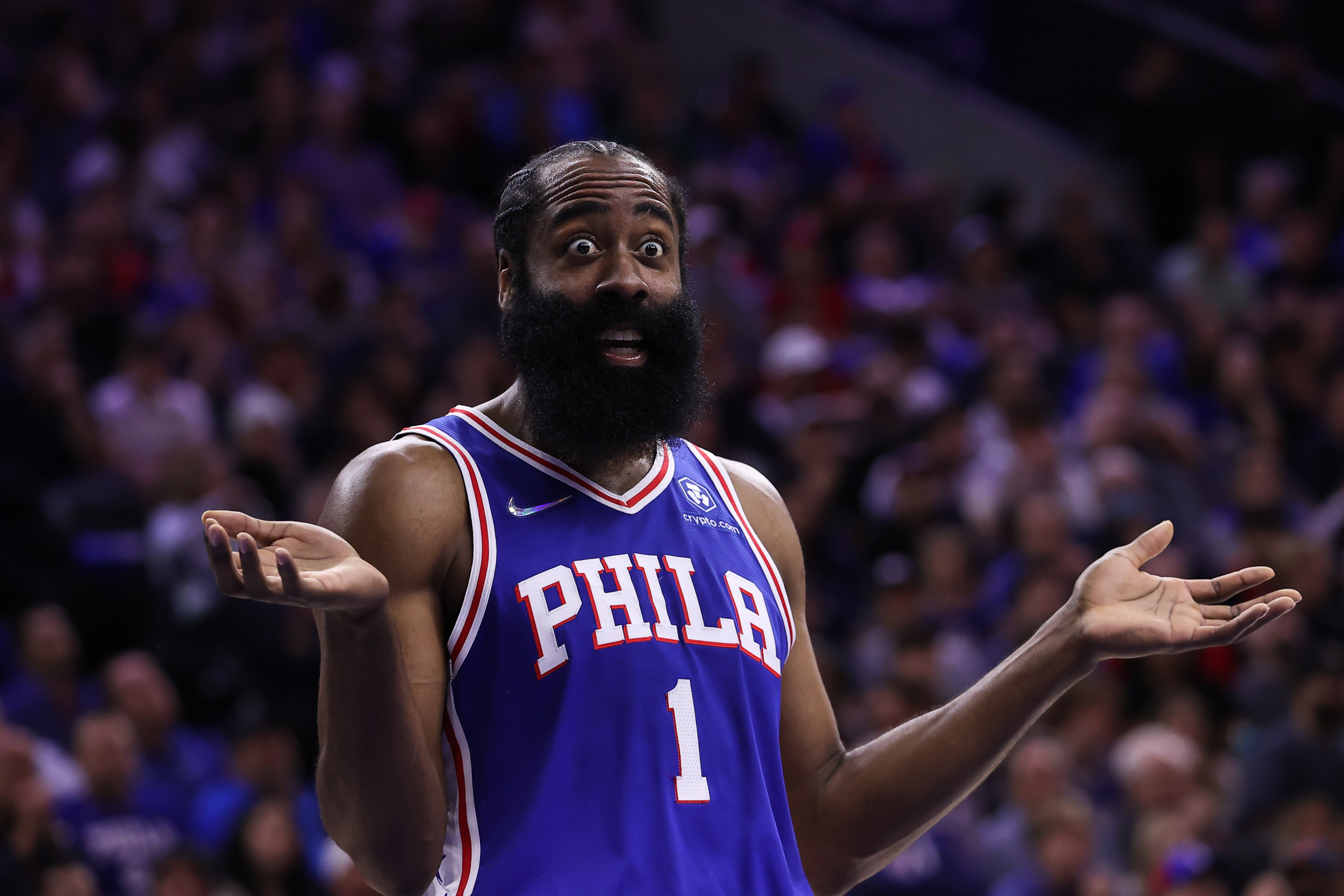PHILADELPHIA, PA, USA - MAY 12: James Harden of Philadelphia 76ers reacts during NBA semifinals between Philadelphia 76ers and Miami Heat at the Wells Fargo Center in Philadelphia, Pennsylvania, United States on May 12, 2022. (Photo by Tayfun Coskun/Anadolu Agency via Getty Images)