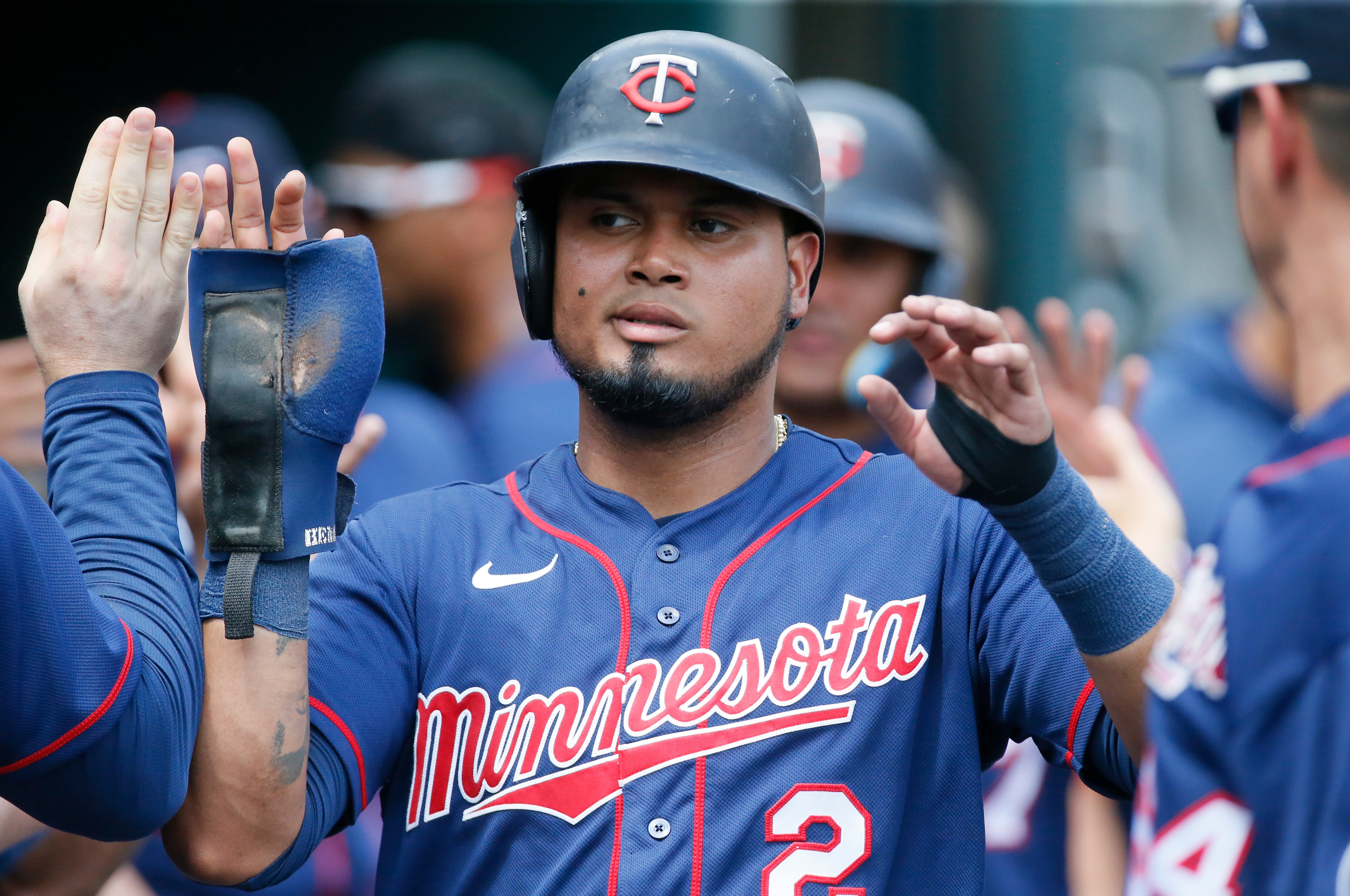 DETROIT, MI -  MAY 31:  Luis Arraez #2 of the Minnesota Twins celebrates after scoring against the Detroit Tigers during the seventh inning of Game One of a doubleheader at Comerica Park on May 31, 2022, in Detroit, Michigan. (Photo by Duane Burleson/Getty Images)