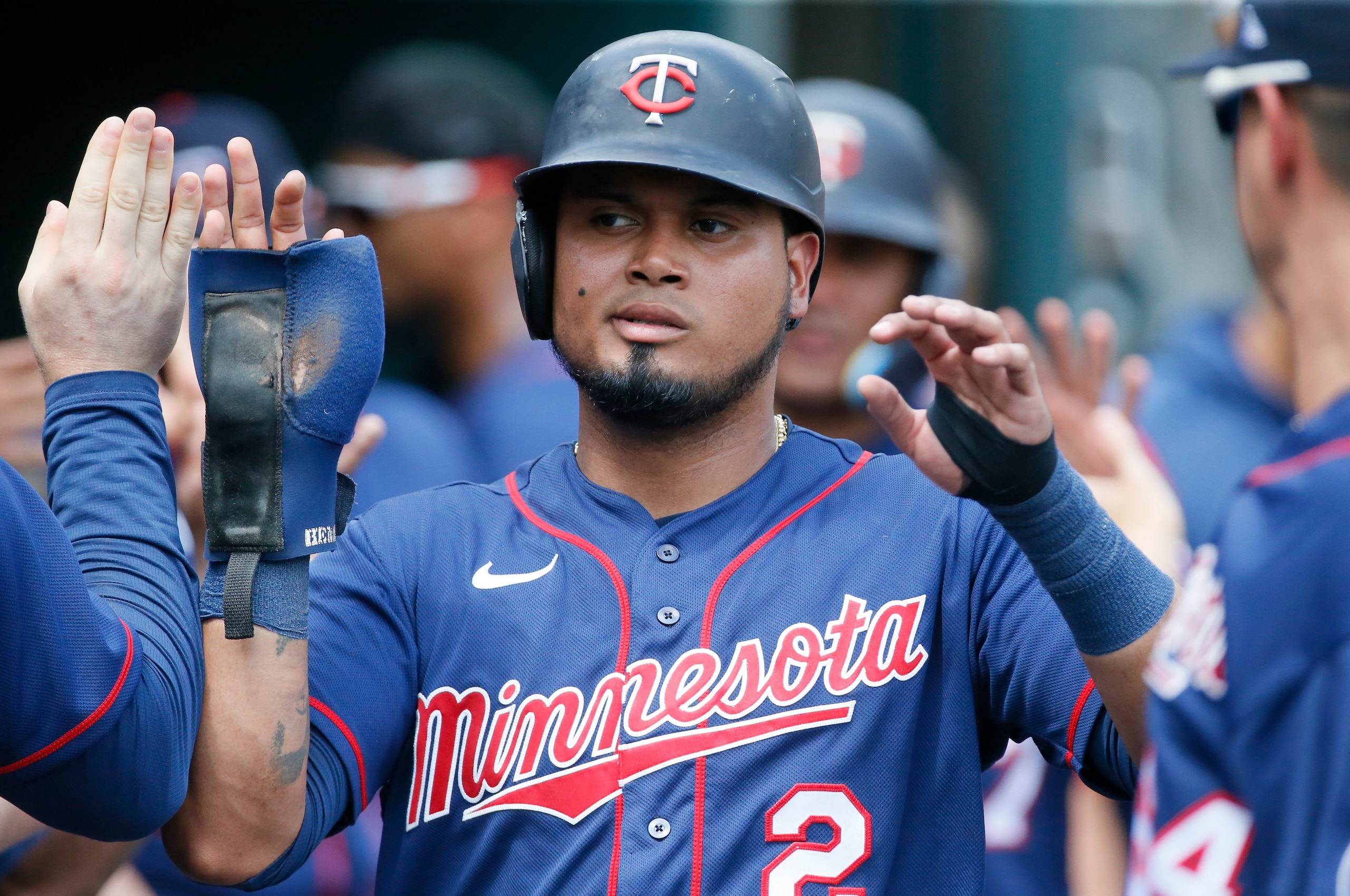 DETROIT, MI -  MAY 31:  Luis Arraez #2 of the Minnesota Twins celebrates after scoring against the Detroit Tigers during the seventh inning of Game One of a doubleheader at Comerica Park on May 31, 2022, in Detroit, Michigan. (Photo by Duane Burleson/Getty Images)