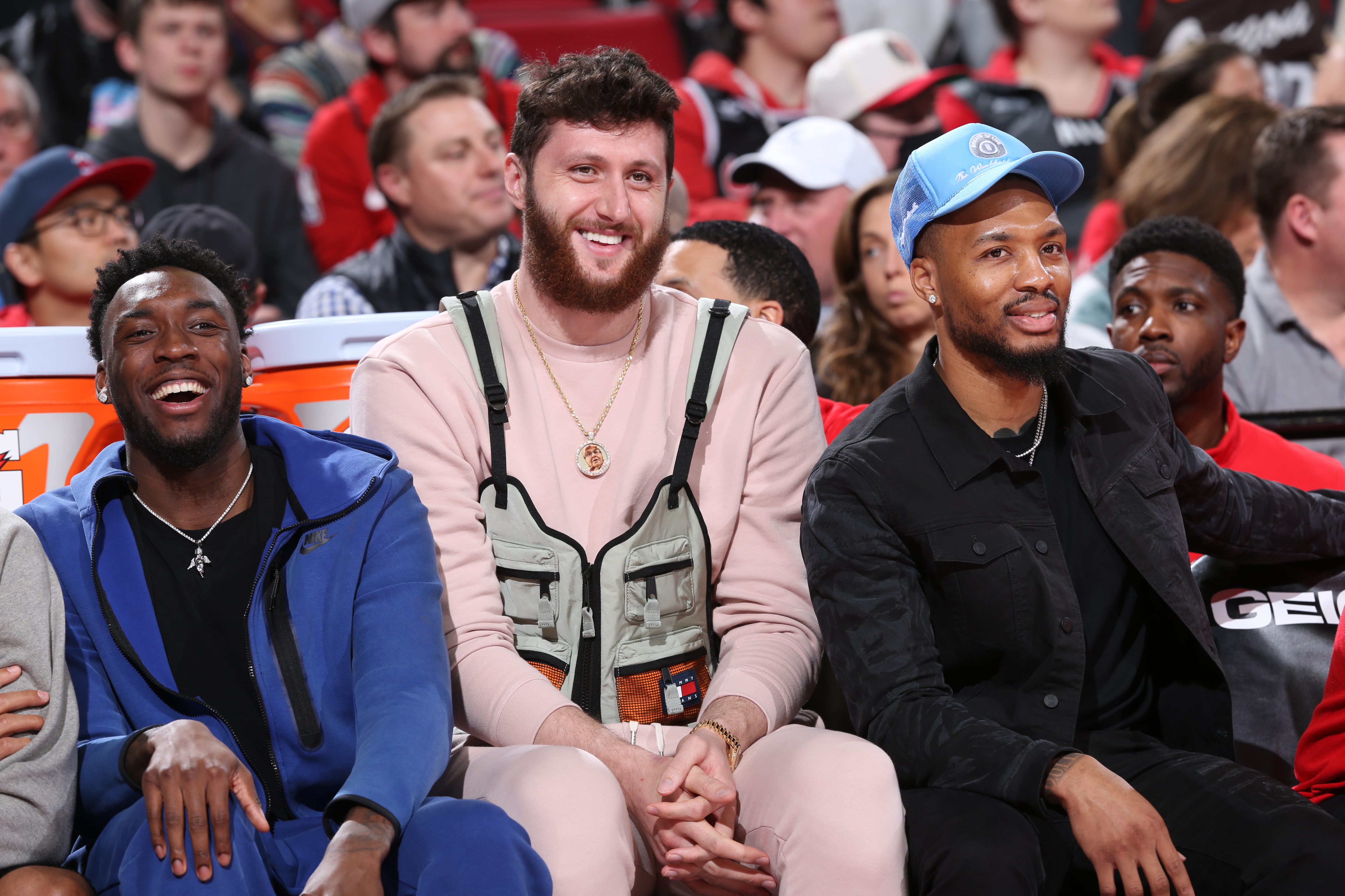 PORTLAND, OR - MARCH 30: Nassir Little #9, Jusuf Nurkic #27 and Damian Lillard #0 of the Portland Trail Blazers look on during the game against the New Orleans Pelicans on March 30, 2022 at the Moda Center Arena in Portland, Oregon. NOTE TO USER: User expressly acknowledges and agrees that, by downloading and or using this photograph, user is consenting to the terms and conditions of the Getty Images License Agreement. Mandatory Copyright Notice: Copyright 2022 NBAE (Photo by Sam Forencich/NBAE via Getty Images)