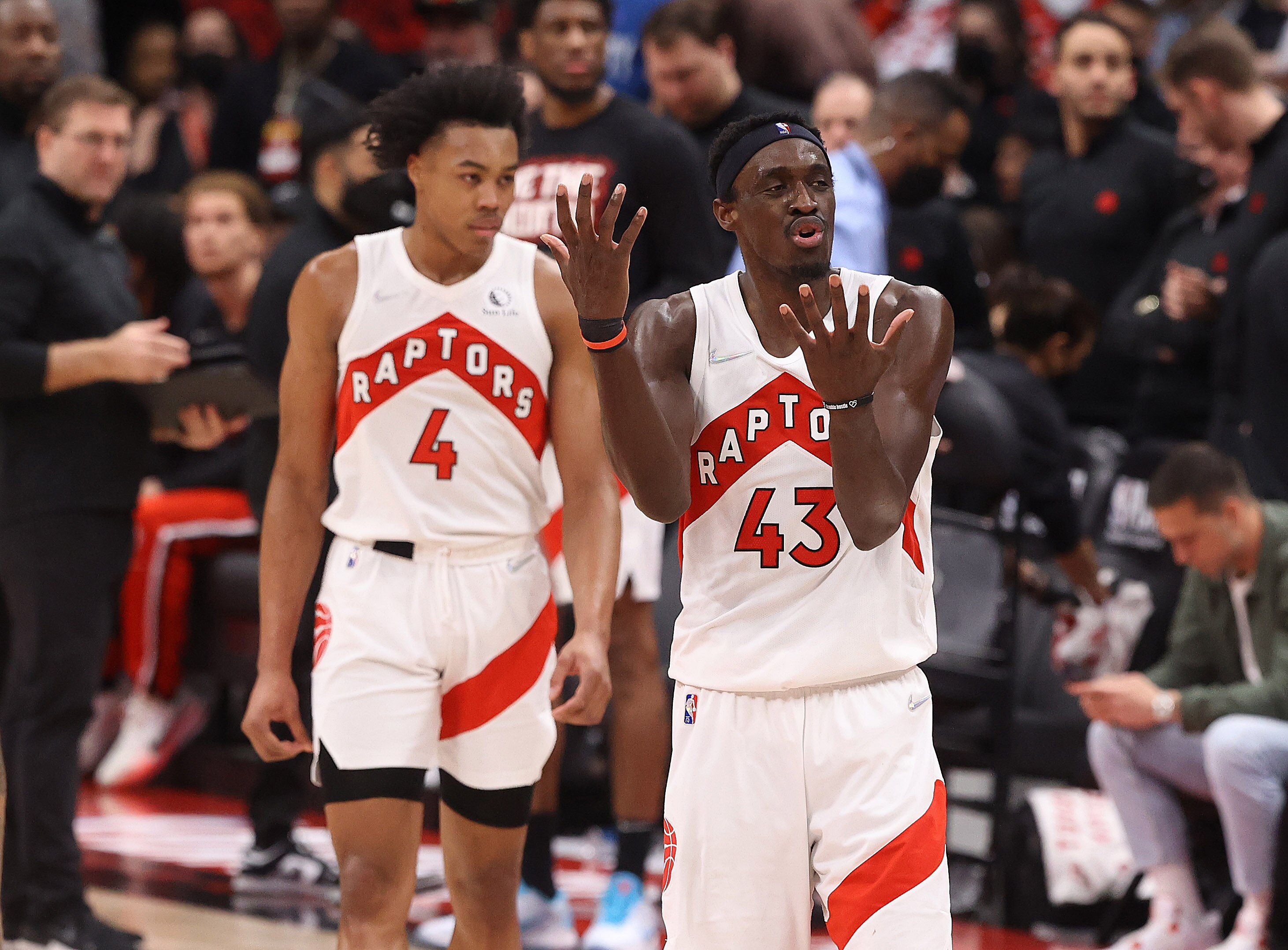 TORONTO, ON- APRIL 28  - Toronto Raptors forward Pascal Siakam (43) disputes a call as the Toronto Raptors fall the Philadelphia 76ers in Game 6 and lose their first round NBA playoff series 4-2 in Scotiabank Arena in Toronto. April 28, 2022.        (Steve Russell/Toronto Star via Getty Images)