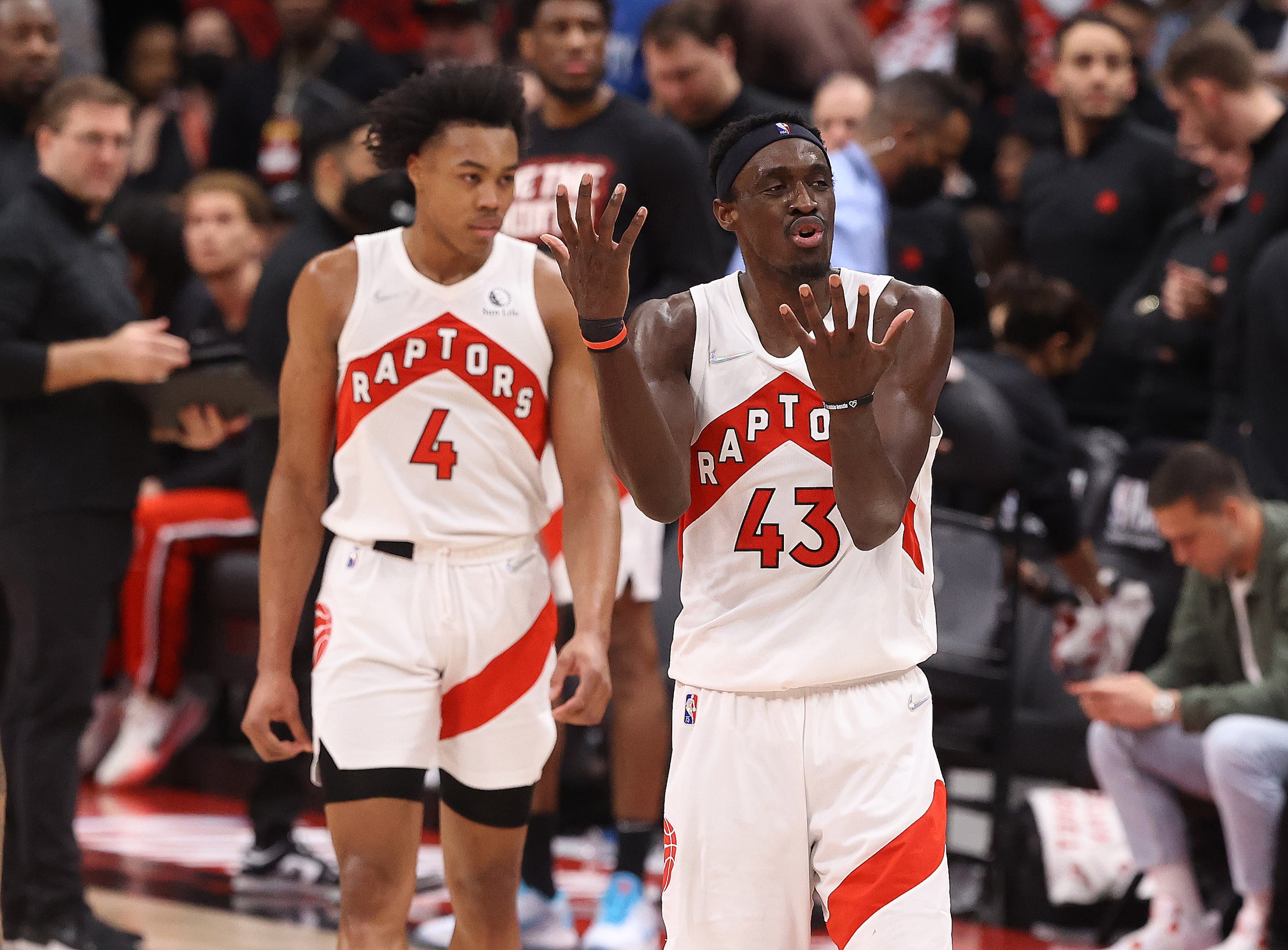 TORONTO, ON- APRIL 28 - Toronto Raptors forward Pascal Siakam (43) disputes a call as the Toronto Raptors fall the Philadelphia 76ers in Game 6 and lose their first round NBA playoff series 4-2 in Scotiabank Arena in Toronto. April 28, 2022. (Steve Russell/Toronto Star via Getty Images) TORONTO, ON- APRIL 28 - Toronto Raptors forward Pascal Siakam (43) disputes a call as the Toronto Raptors fall the Philadelphia 76ers in Game 6 and lose their first round NBA playoff series 4-2 in Scotiabank Arena in Toronto. April 28, 2022. (Steve Russell/Toronto Star via Getty Images)