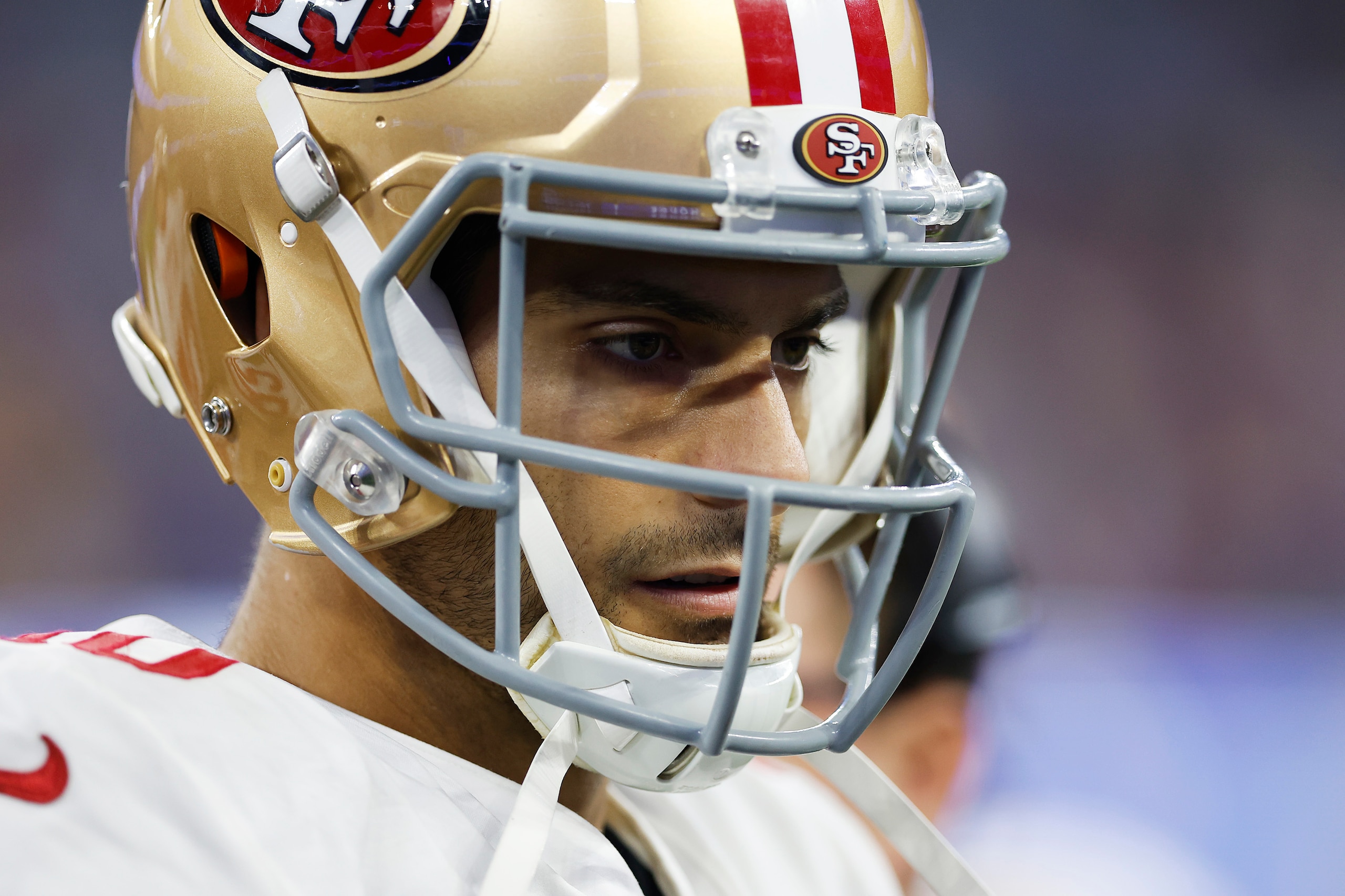INGLEWOOD, CALIFORNIA - JANUARY 30: Jimmy Garoppolo #10 of the San Francisco 49ers looks on in the fourth quarter against the Los Angeles Rams in the NFC Championship Game at SoFi Stadium on January 30, 2022 in Inglewood, California. (Photo by Christian Petersen/Getty Images)