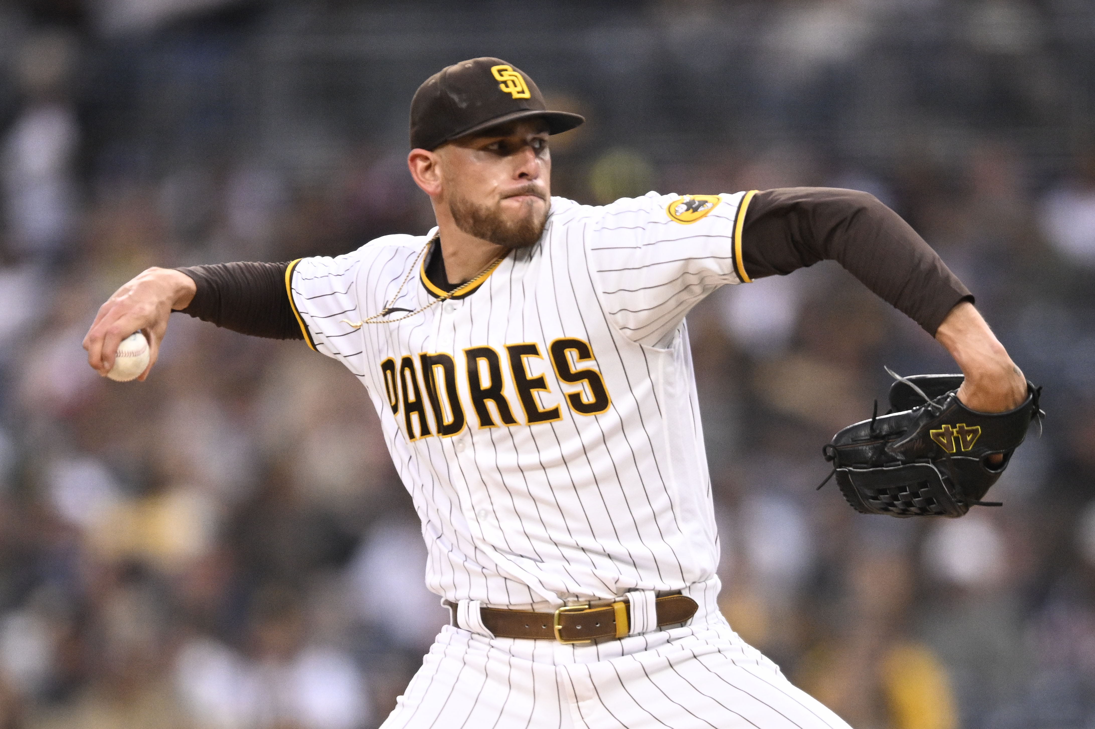 SAN DIEGO, CA - MAY 28: Joe Musgrove #44 of the San Diego Padres pitches during the first inning of a baseball game against the Pittsburgh Pirates on May 28, 2022 at Petco Park in San Diego, California. (Photo by Denis Poroy/Getty Images)