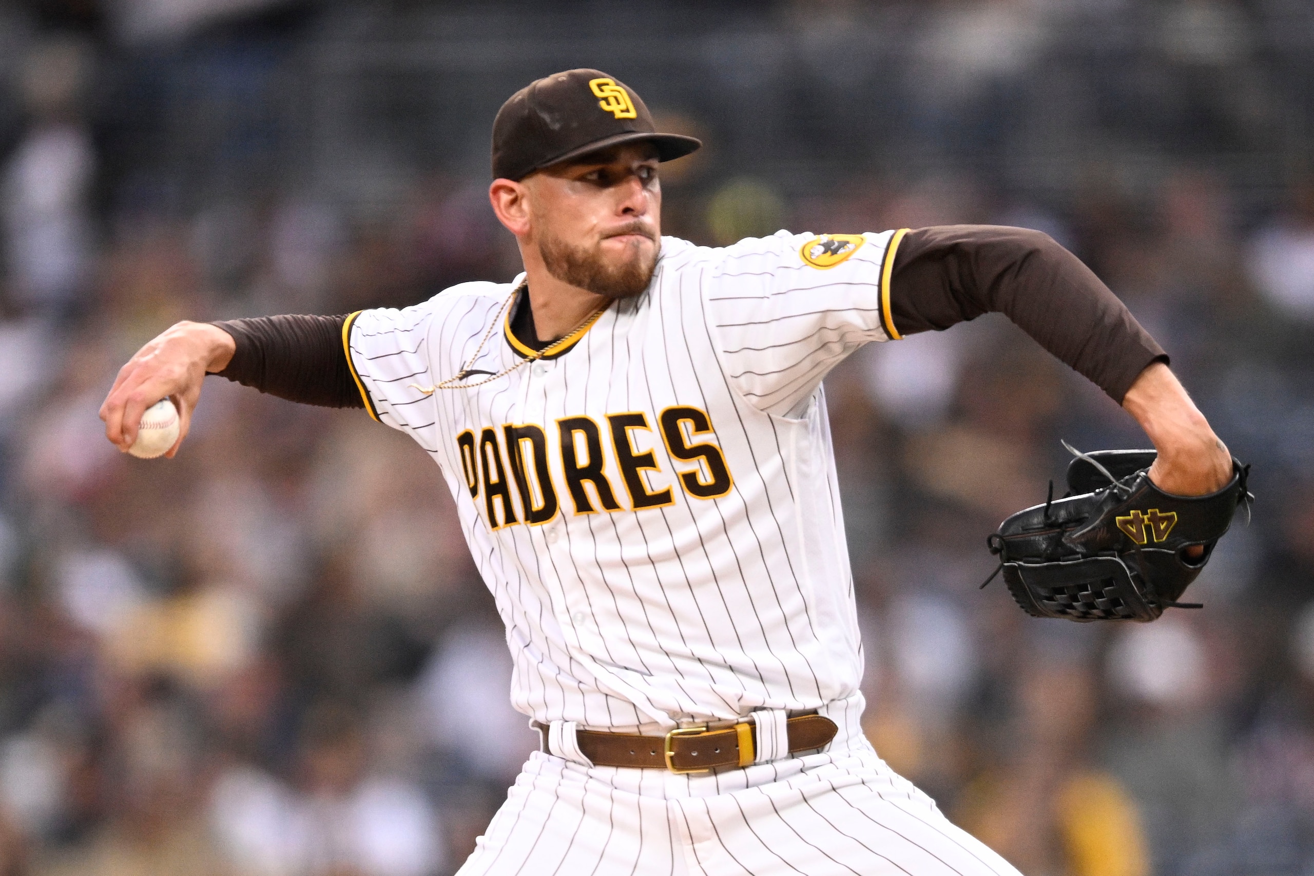 SAN DIEGO, CA - MAY 28: Joe Musgrove #44 of the San Diego Padres pitches during the first inning of a baseball game against the Pittsburgh Pirates on May 28, 2022 at Petco Park in San Diego, California. (Photo by Denis Poroy/Getty Images)