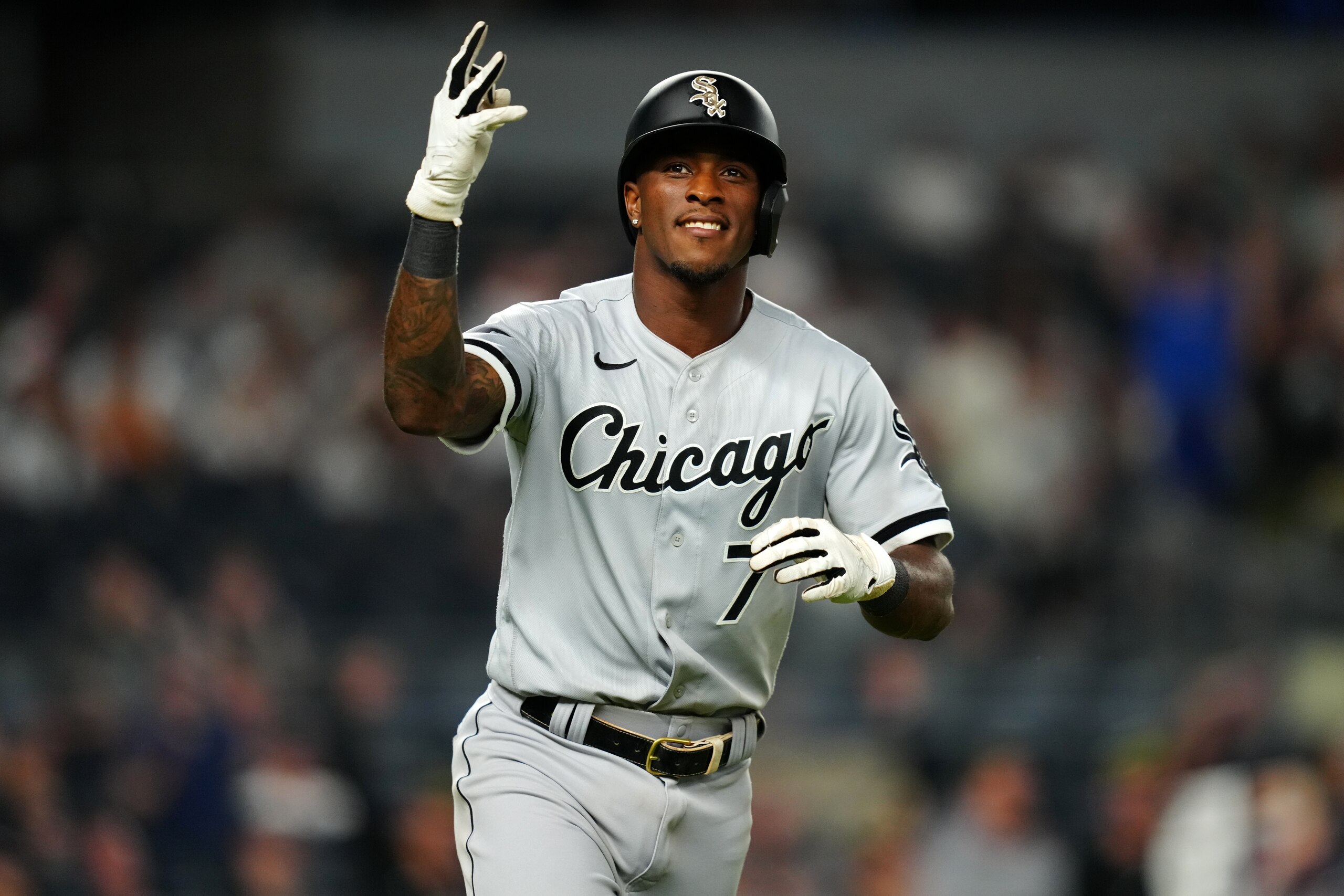 NEW YORK, NY - MAY 22: Tim Anderson #7 of the Chicago White Sox reacts after hitting a three run home run in the eighth inning during the game between the Chicago White Sox and the New York Yankees at Yankee Stadium on Sunday, May 22, 2022 in New York, New York. (Photo by Daniel Shirey/MLB Photos via Getty Images)