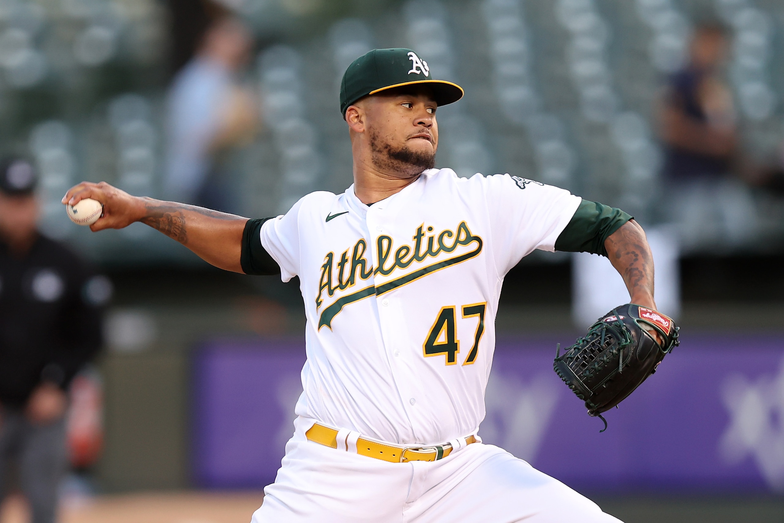 OAKLAND, CALIFORNIA - MAY 31:  Frankie Montas #47 of the Oakland Athletics pitches against the Houston Astros during the third inning at RingCentral Coliseum on May 31, 2022 in Oakland, California. (Photo by Ezra Shaw/Getty Images)