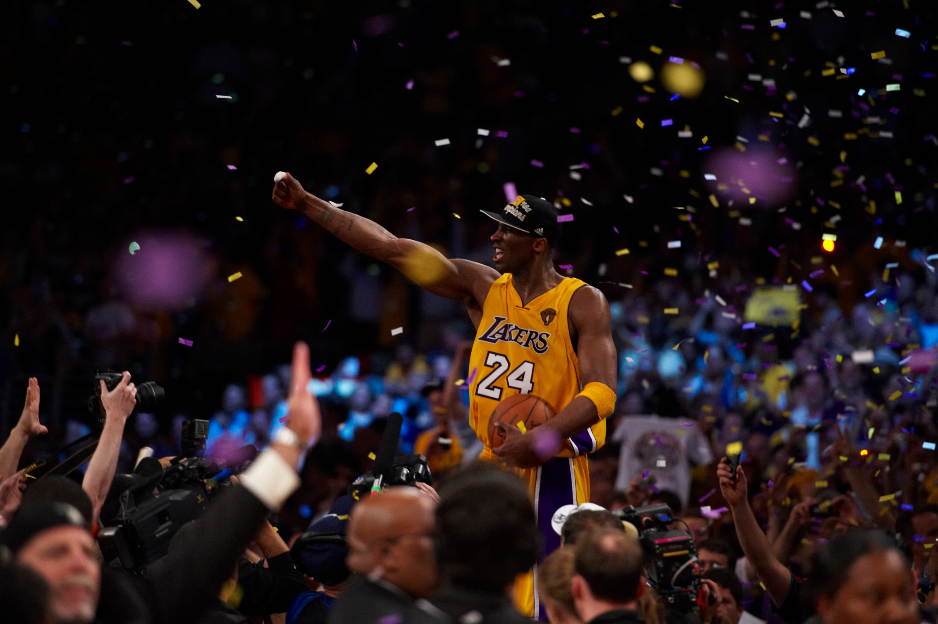 Basketball: NBA Finals: Los Angeles Lakers Kobe Bryant (24) celebrates after winning championship vs Boston Celtics. Game 7. Los Angeles, CA 6/17/2010 CREDIT: Bob Rosato (Photo by Bob Rosato /Sports Illustrated via Getty Images) (Set Number: X84393 TK1 R40 F120 )  OPOC-88470