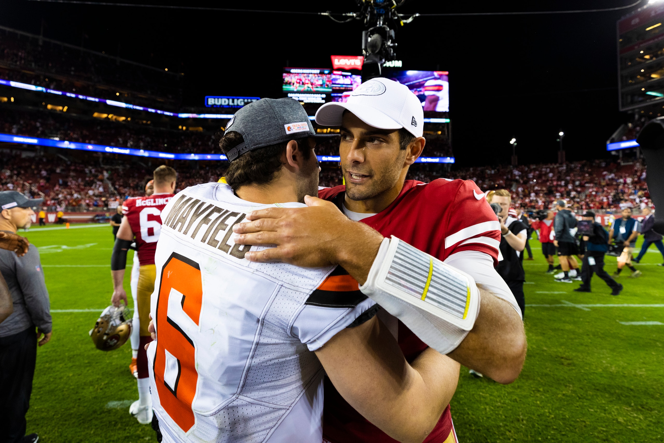 SANTA CLARA, CA - OCTOBER 07: Cleveland Browns quarterback Baker Mayfield (6) hugs San Francisco 49ers quarterback Jimmy Garoppolo (10) during the NFL regular season football game on Monday, Oct. 7, 2019 at Levi's Stadium in Santa Clara, Calif. (Photo by Ric Tapia/Icon Sportswire via Getty Images)