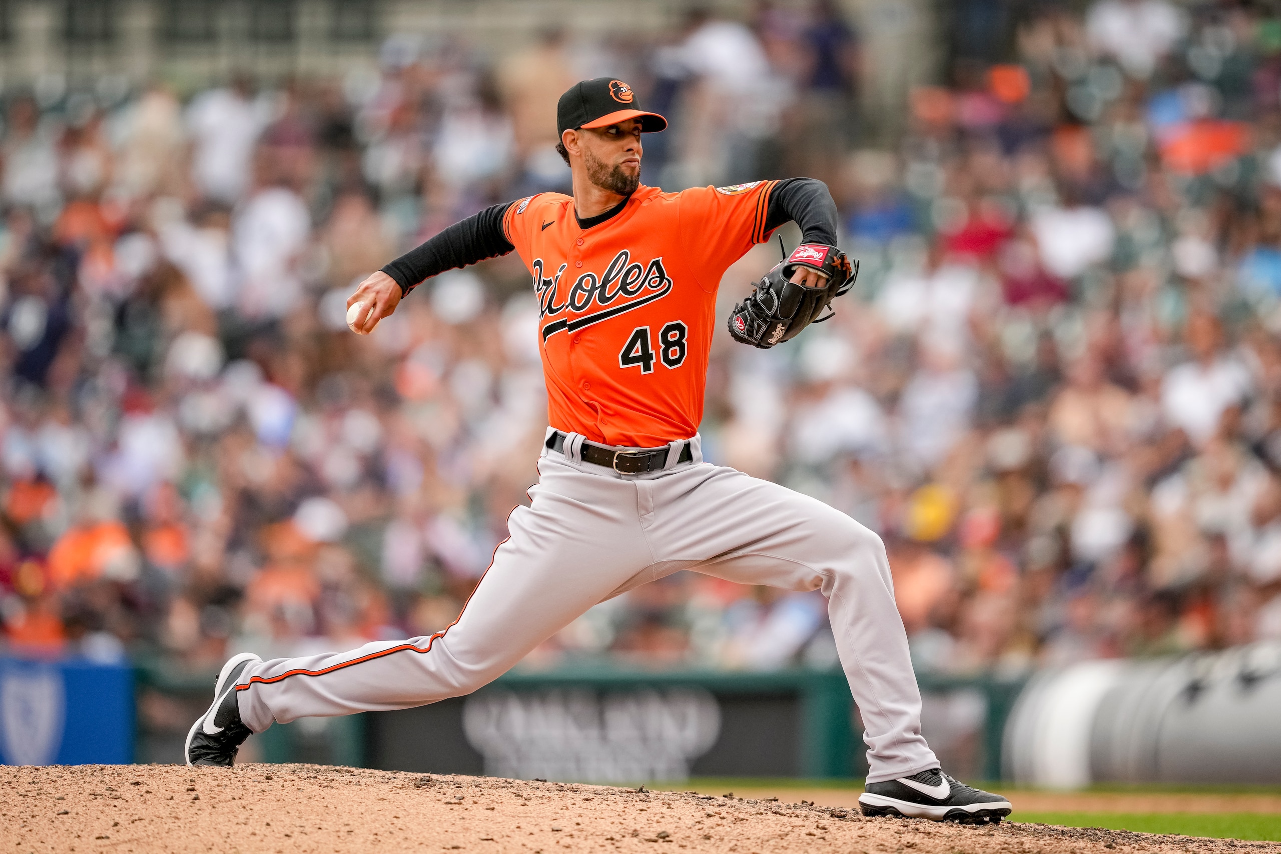 DETROIT, MICHIGAN - MAY 14: Jorge Lopez #48 of the Baltimore Orioles delivers a pitch against the Detroit Tigers at Comerica Park on May 14, 2022 in Detroit, Michigan. (Photo by Nic Antaya/Getty Images)
