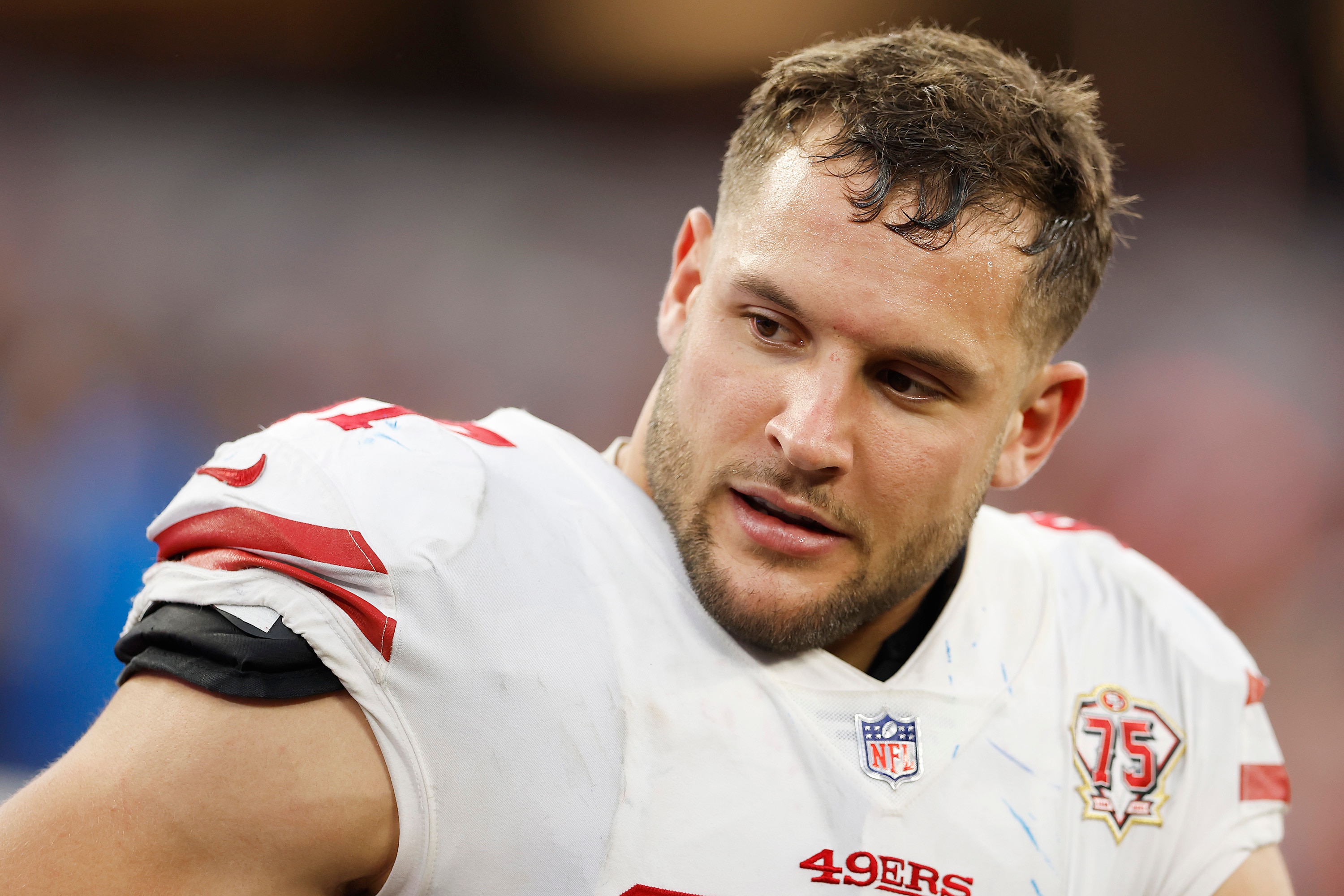 INGLEWOOD, CALIFORNIA - JANUARY 30: Nick Bosa #97 of the San Francisco 49ers looks on in the first half against the Los Angeles Rams in the NFC Championship Game at SoFi Stadium on January 30, 2022 in Inglewood, California. (Photo by Christian Petersen/Getty Images)