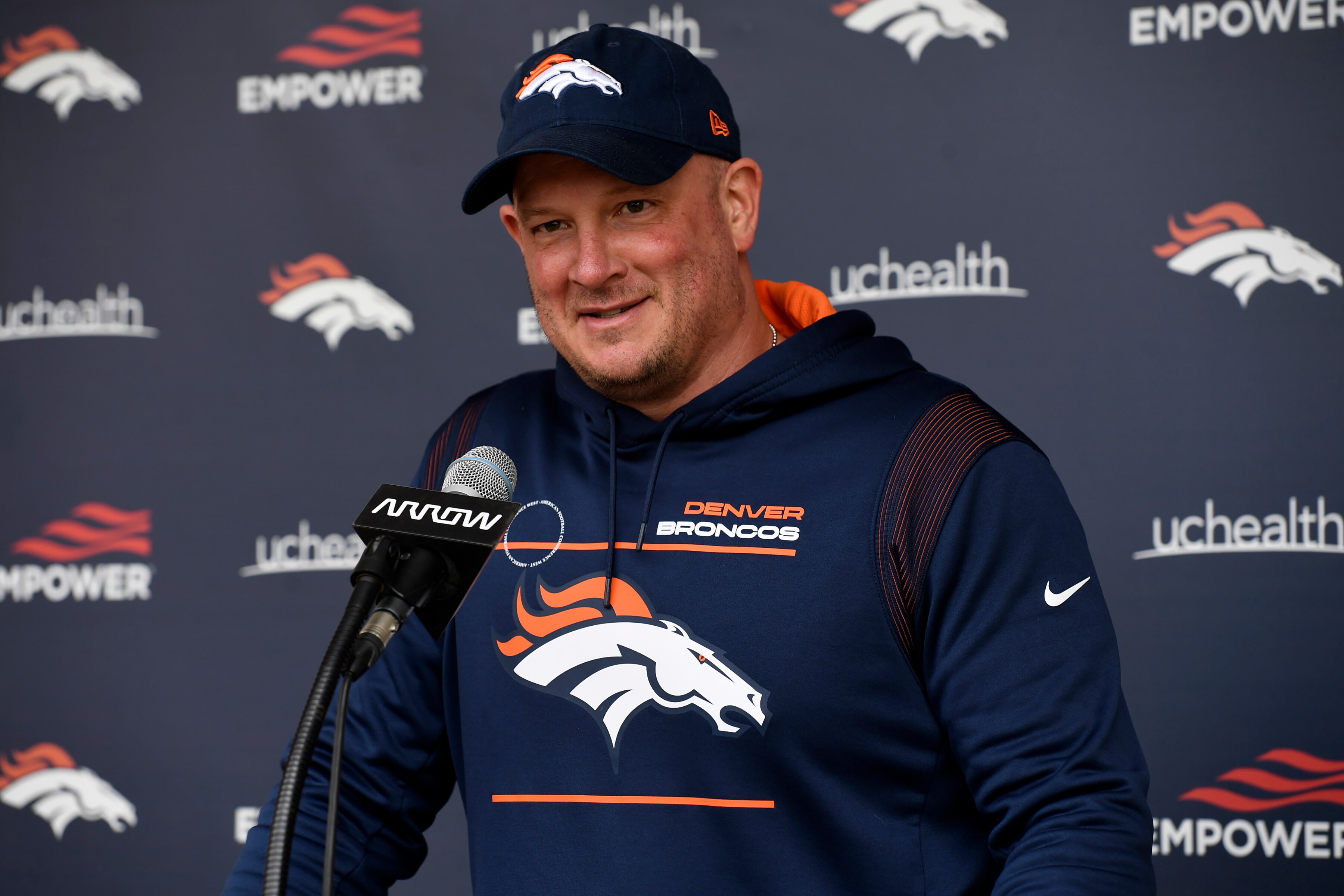 ENGLEWOOD, CO - MAY 23: Denver Broncos head coach Nathaniel Hackett meets with members of the media after an early season practice session at Dove Valley at the at UCHealth Training Center on May 23, 2022 in Englewood, Colorado. (Photo by Helen H. Richardson/MediaNews Group/The Denver Post via Getty Images)