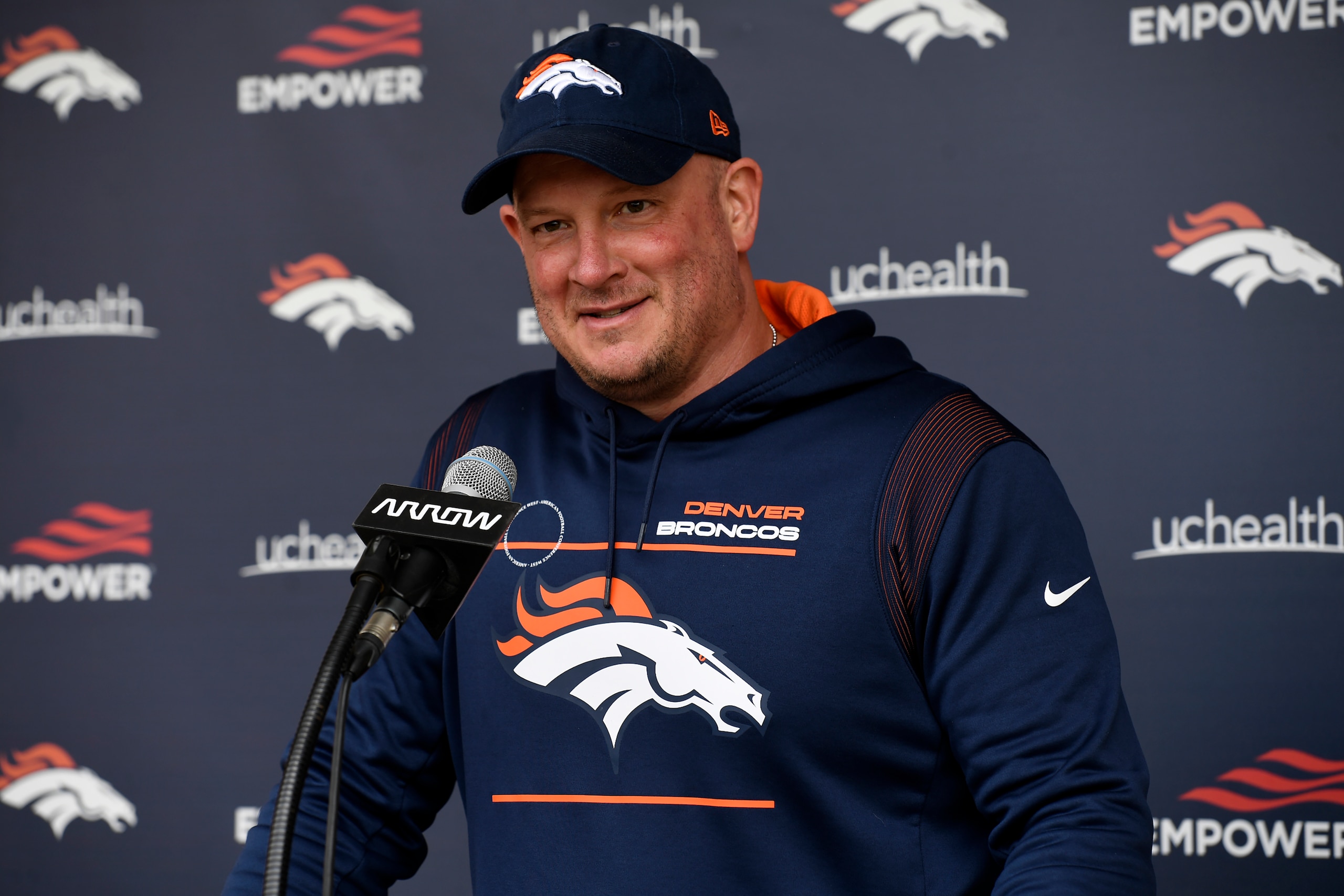ENGLEWOOD, CO - MAY 23: Denver Broncos head coach Nathaniel Hackett meets with members of the media after an early season practice session at Dove Valley at the at UCHealth Training Center on May 23, 2022 in Englewood, Colorado. (Photo by Helen H. Richardson/MediaNews Group/The Denver Post via Getty Images)