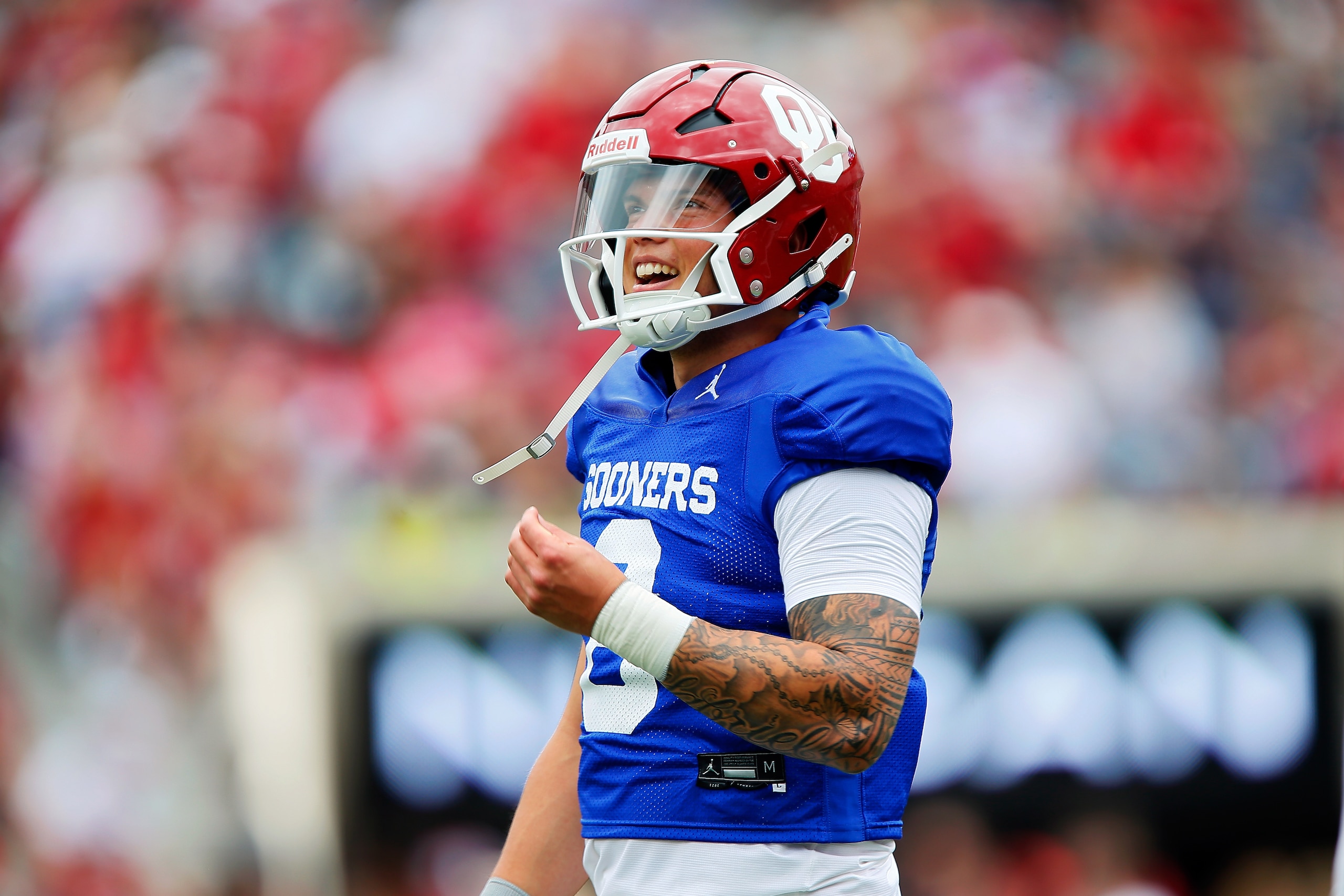 NORMAN, OK - APRIL 23:  Quarterback Dillon Gabriel #8 of the Oklahoma Sooners laughs before the team's spring game at Gaylord Family Oklahoma Memorial Stadium on April 23, 2022 in Norman, Oklahoma.   (Photo by Brian Bahr/Getty Images)