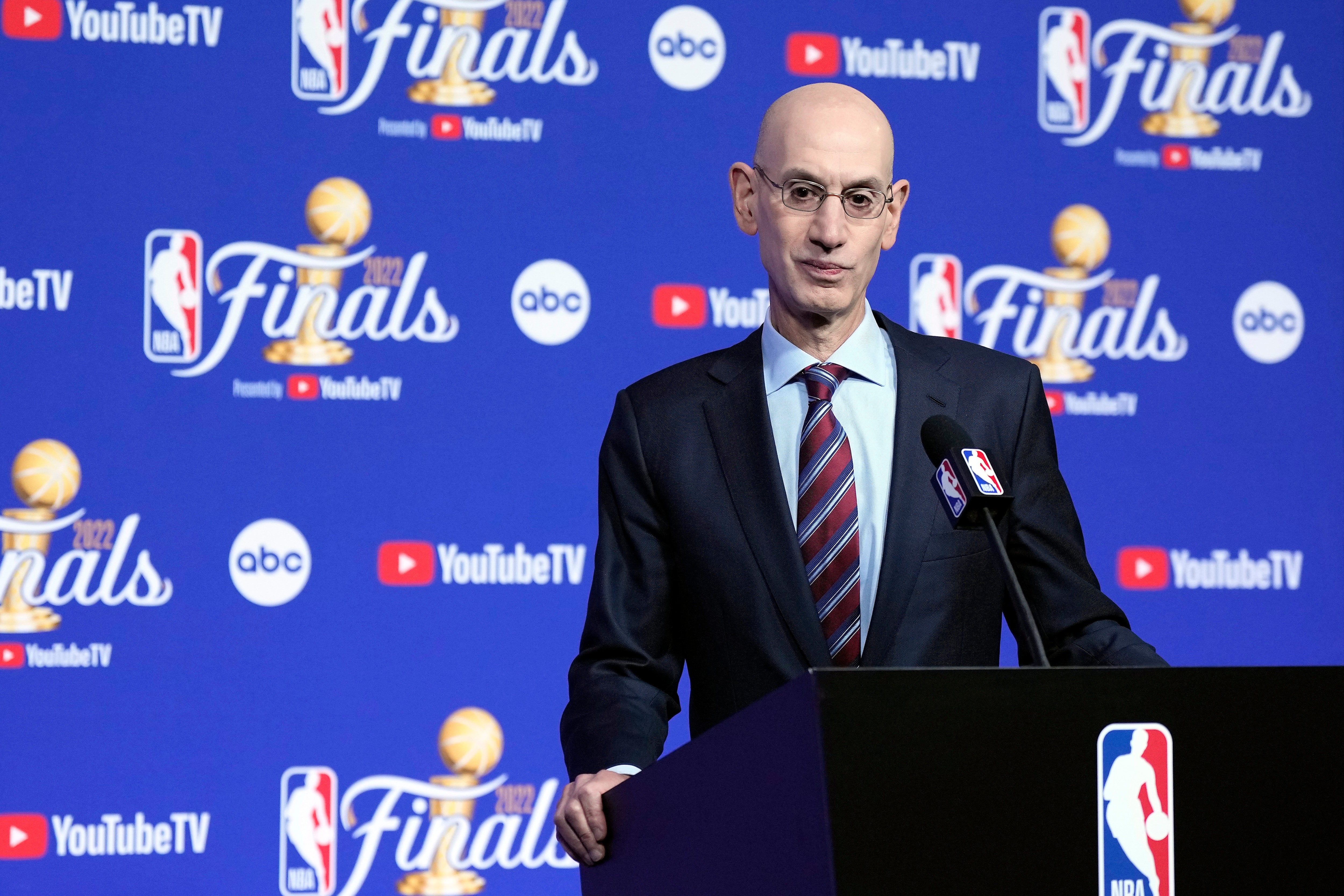 SAN FRANCISCO, CALIFORNIA - JUNE 02: NBA commissioner Adam Silver speaks to the media prior to Game One of the 2022 NBA Finals between the Golden State Warriors and the Boston Celtics at Chase Center on June 02, 2022 in San Francisco, California. NOTE TO USER: User expressly acknowledges and agrees that, by downloading and/or using this photograph, User is consenting to the terms and conditions of the Getty Images License Agreement. (Photo by Thearon W. Henderson/Getty Images)