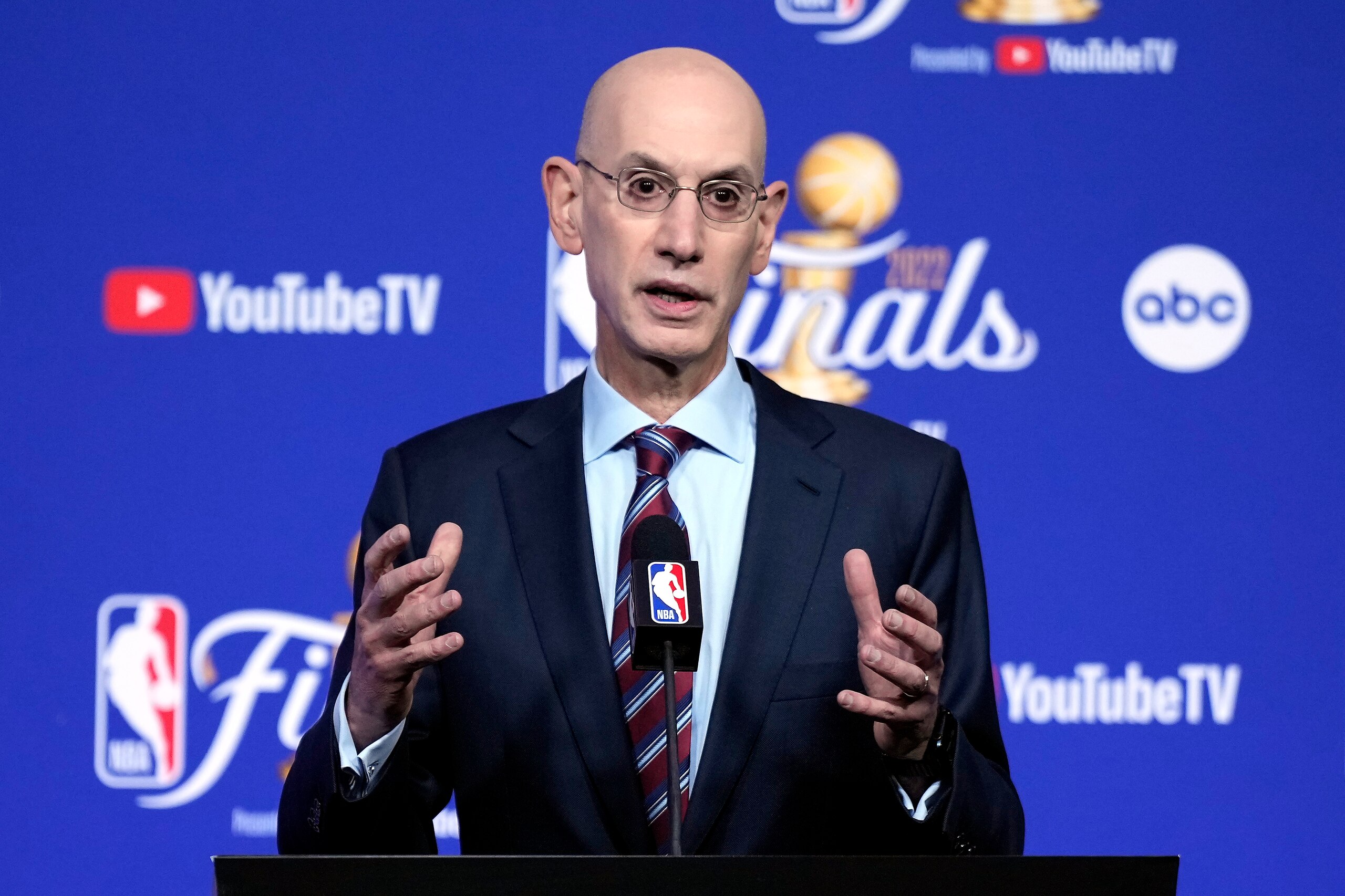 SAN FRANCISCO, CALIFORNIA - JUNE 02: NBA commissioner Adam Silver speaks to the media prior to Game One of the 2022 NBA Finals between the Golden State Warriors and the Boston Celtics at Chase Center on June 02, 2022 in San Francisco, California. NOTE TO USER: User expressly acknowledges and agrees that, by downloading and/or using this photograph, User is consenting to the terms and conditions of the Getty Images License Agreement. (Photo by Thearon W. Henderson/Getty Images) SAN FRANCISCO, CALIFORNIA - JUNE 02: NBA commissioner Adam Silver speaks to the media prior to Game One of the 2022 NBA Finals between the Golden State Warriors and the Boston Celtics at Chase Center on June 02, 2022 in San Francisco, California. NOTE TO USER: User expressly acknowledges and agrees that, by downloading and/or using this photograph, User is consenting to the terms and conditions of the Getty Images License Agreement. (Photo by Thearon W. Henderson/Getty Images)