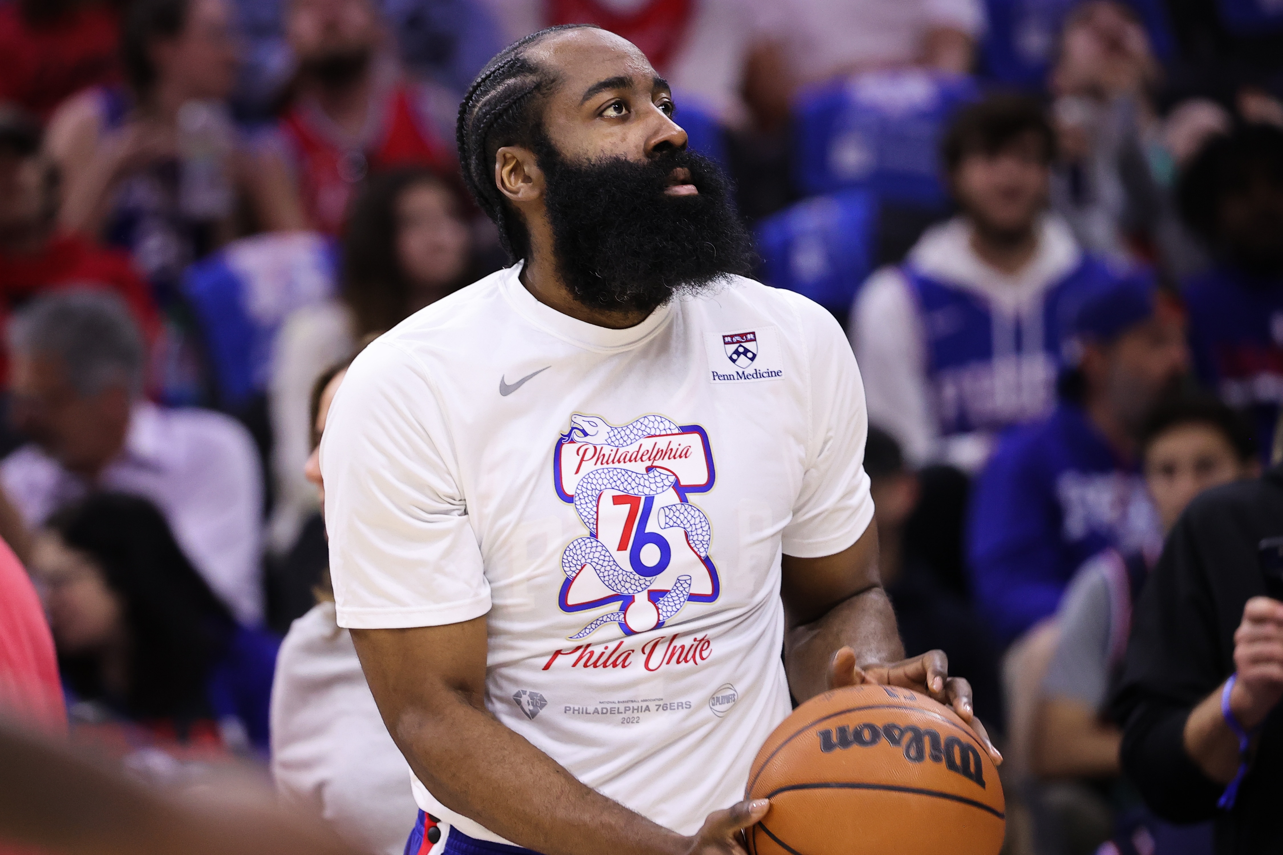 PHILADELPHIA, PA, USA - MAY 12: Philadelphia 76ers player James Harden warms up ahead of the NBA match between Philadelphia 76ers and Miami Heat at the Wells Fargo Center in Philadelphia, Pennsylvania, United States on May 12, 2022. (Photo by Tayfun Coskun/Anadolu Agency via Getty Images)