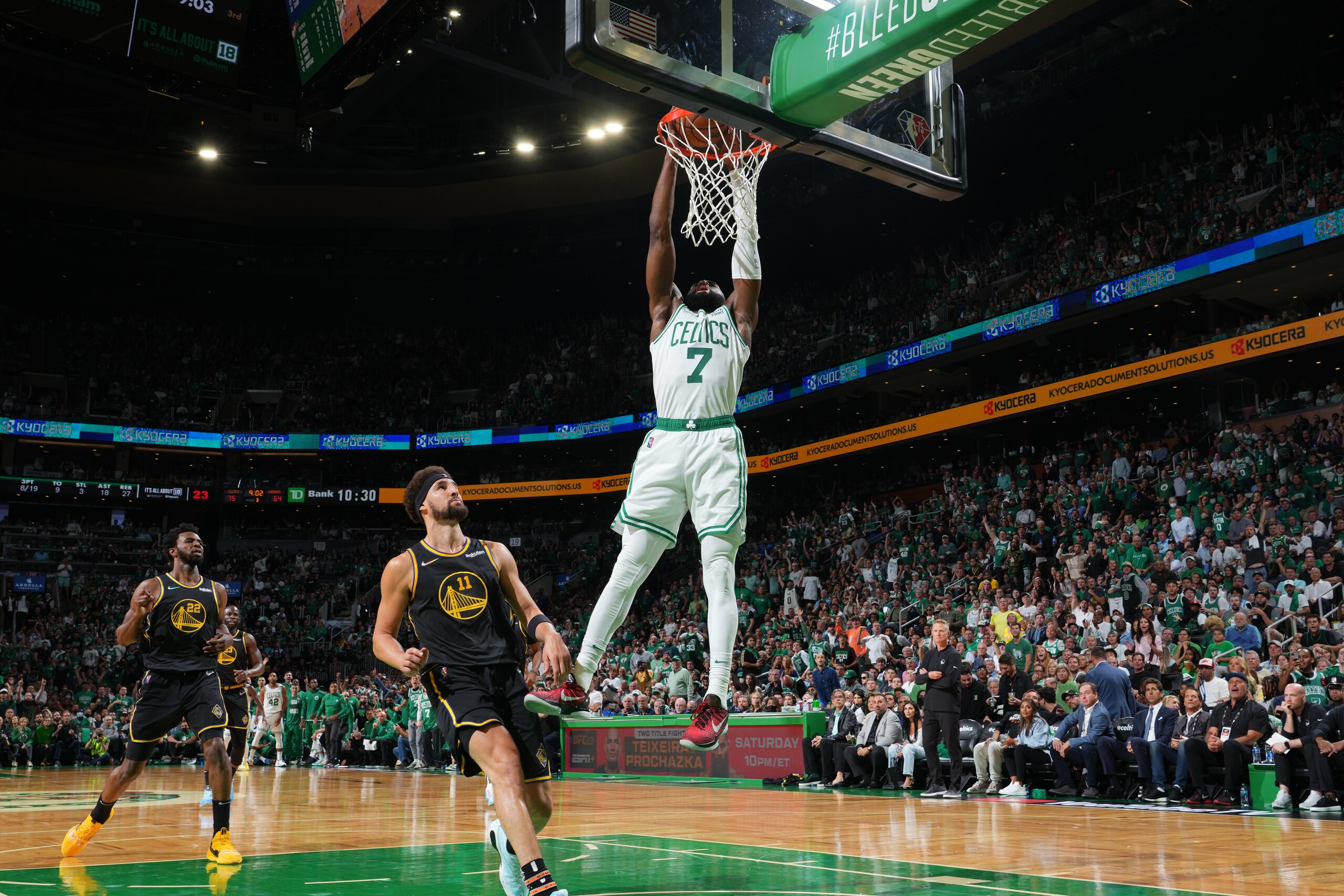 BOSTON, MA - JUNE 8: Jaylen Brown #7 of the Boston Celtics dunks the ball against the Golden State Warriors during Game Three of the 2022 NBA Finals on June 8, 2022 at the TD Garden in Boston, Massachusetts.  NOTE TO USER: User expressly acknowledges and agrees that, by downloading and or using this photograph, User is consenting to the terms and conditions of the Getty Images License Agreement. Mandatory Copyright Notice: Copyright 2022 NBAE  (Photo by Jesse D. Garrabrant/NBAE via Getty Images)