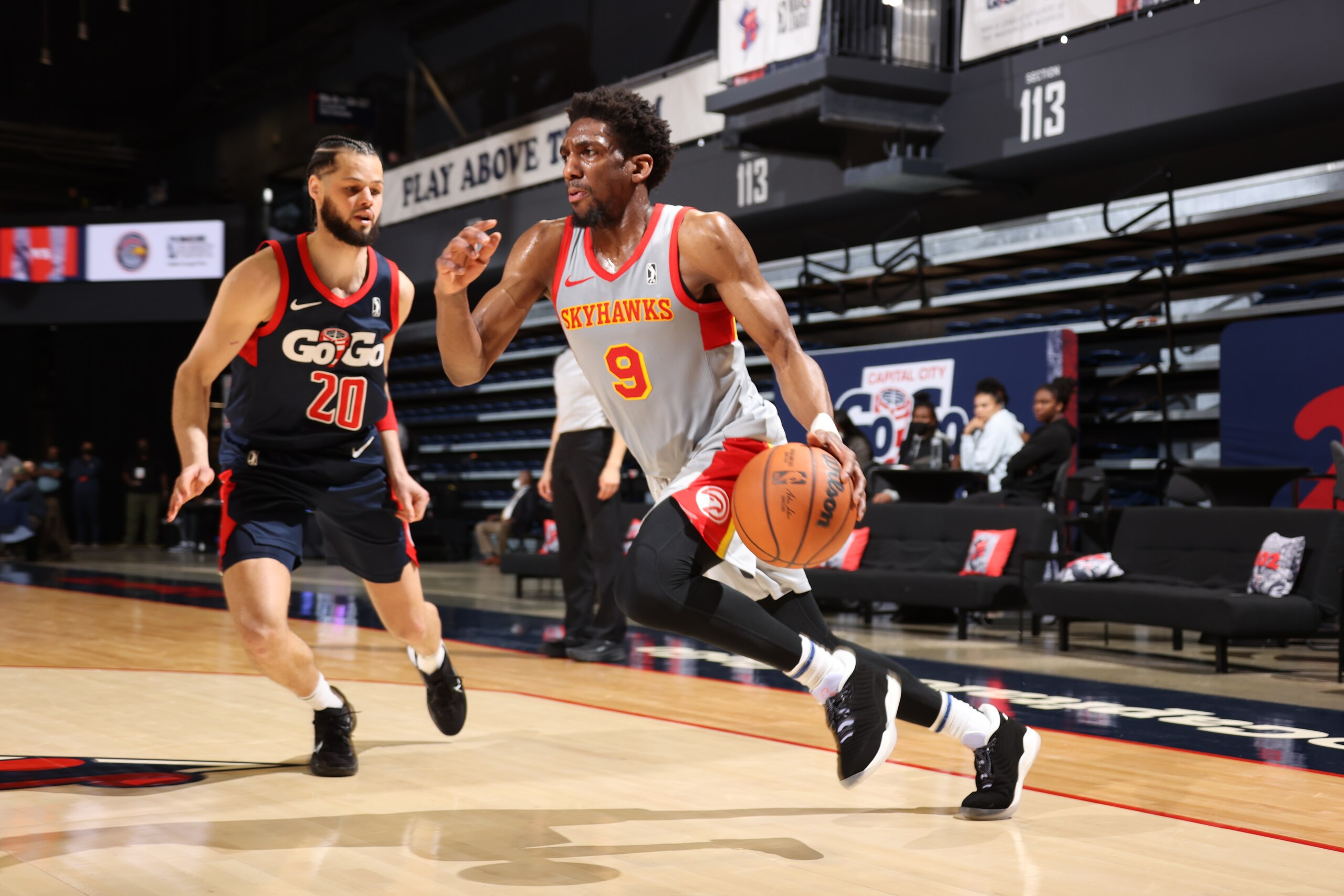 WASHINGTON, DC - APRIL 5: Langston Galloway #9 of the College Park Skyhawks drives against the Capital City GoGo during an NBA G-League game on April 5, 2022 at Entertainment and Sports Arena in Washington, DC. NOTE TO USER: User expressly acknowledges and agrees that, by downloading and or using this photograph, User is consenting to the terms and conditions of the Getty Images License Agreement. Mandatory Copyright Notice: Copyright 2022 NBAE (Photo by Stephen Gosling/NBAE via Getty Images)