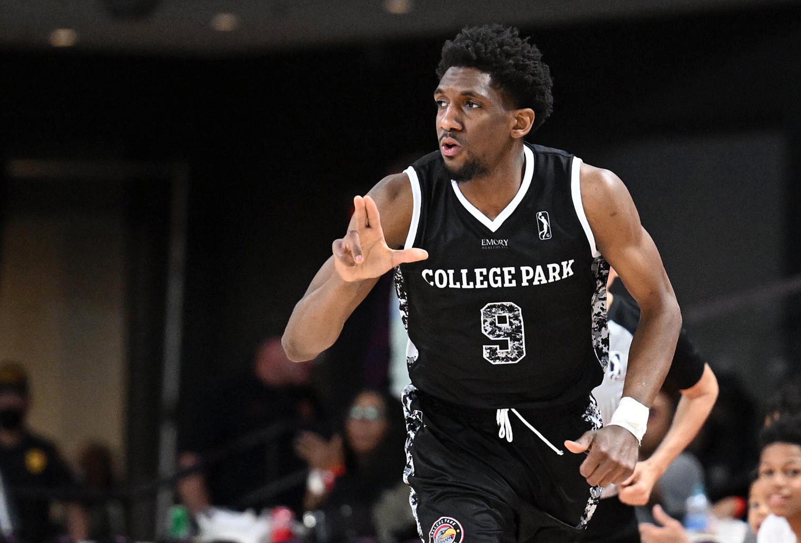 COLLEGE PARK, GA - MARCH 16th: Langston Galloway #9 of the College Park SkyHawks celebrates a three during the game against the Maine Celtics on March 22, 2022 at Gateway Center Arena in College Park, Georgia. NOTE TO USER: User expressly acknowledges and agrees that, by downloading and/or using this Photograph, user is consenting to the terms and conditions of the Getty Images License Agreement. Mandatory Copyright Notice: Copyright 2022 NBAE (Photo by Adam Hagy/NBAE via Getty Images)