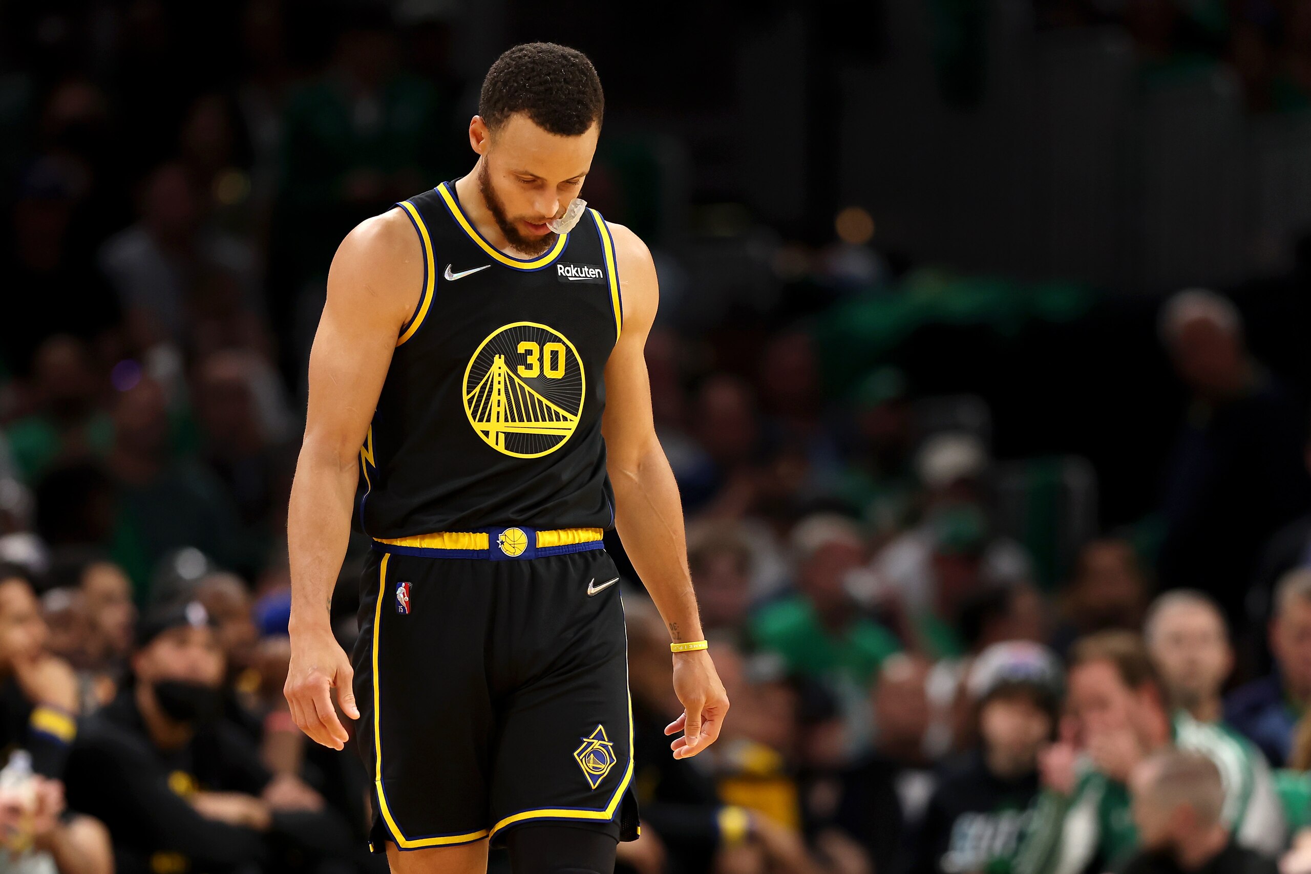 BOSTON, MASSACHUSETTS - JUNE 08: Stephen Curry #30 of the Golden State Warriors looks on in the second quarter against the Boston Celtics during Game Three of the 2022 NBA Finals at TD Garden on June 08, 2022 in Boston, Massachusetts. NOTE TO USER: User expressly acknowledges and agrees that, by downloading and/or using this photograph, User is consenting to the terms and conditions of the Getty Images License Agreement. (Photo by Maddie Meyer/Getty Images) BOSTON, MASSACHUSETTS - JUNE 08: Stephen Curry #30 of the Golden State Warriors looks on in the second quarter against the Boston Celtics during Game Three of the 2022 NBA Finals at TD Garden on June 08, 2022 in Boston, Massachusetts. NOTE TO USER: User expressly acknowledges and agrees that, by downloading and/or using this photograph, User is consenting to the terms and conditions of the Getty Images License Agreement. (Photo by Maddie Meyer/Getty Images)