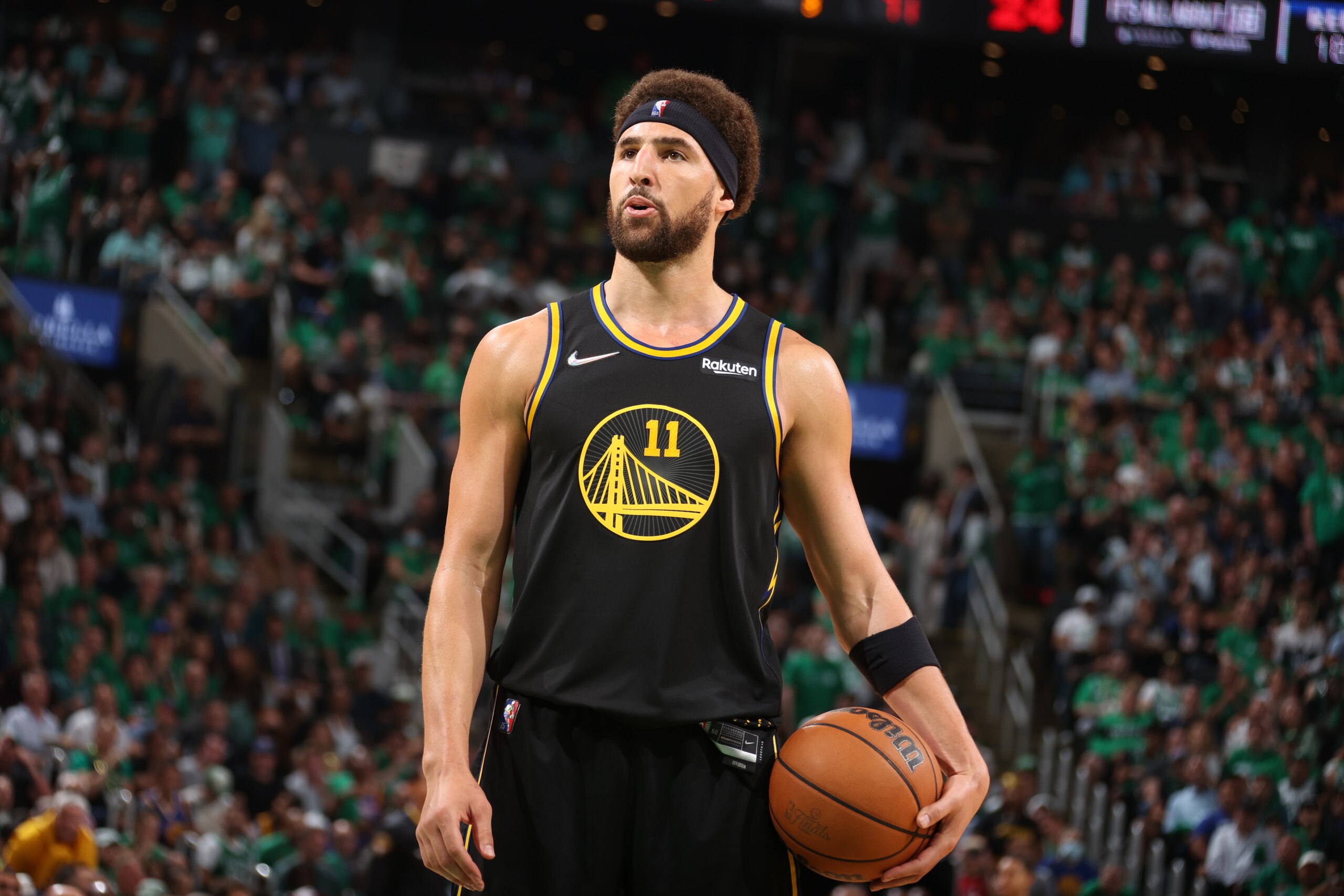 BOSTON, MA - JUNE 8: Klay Thompson #11 of the Golden State Warriors shoots a free throw against the Boston Celtics during Game Three of the 2022 NBA Finals on June 8, 2022 at TD Garden in Boston, Massachusetts. NOTE TO USER: User expressly acknowledges and agrees that, by downloading and or using this photograph, user is consenting to the terms and conditions of Getty Images License Agreement. Mandatory Copyright Notice: Copyright 2022 NBAE (Photo by Nathaniel S. Butler/NBAE via Getty Images)