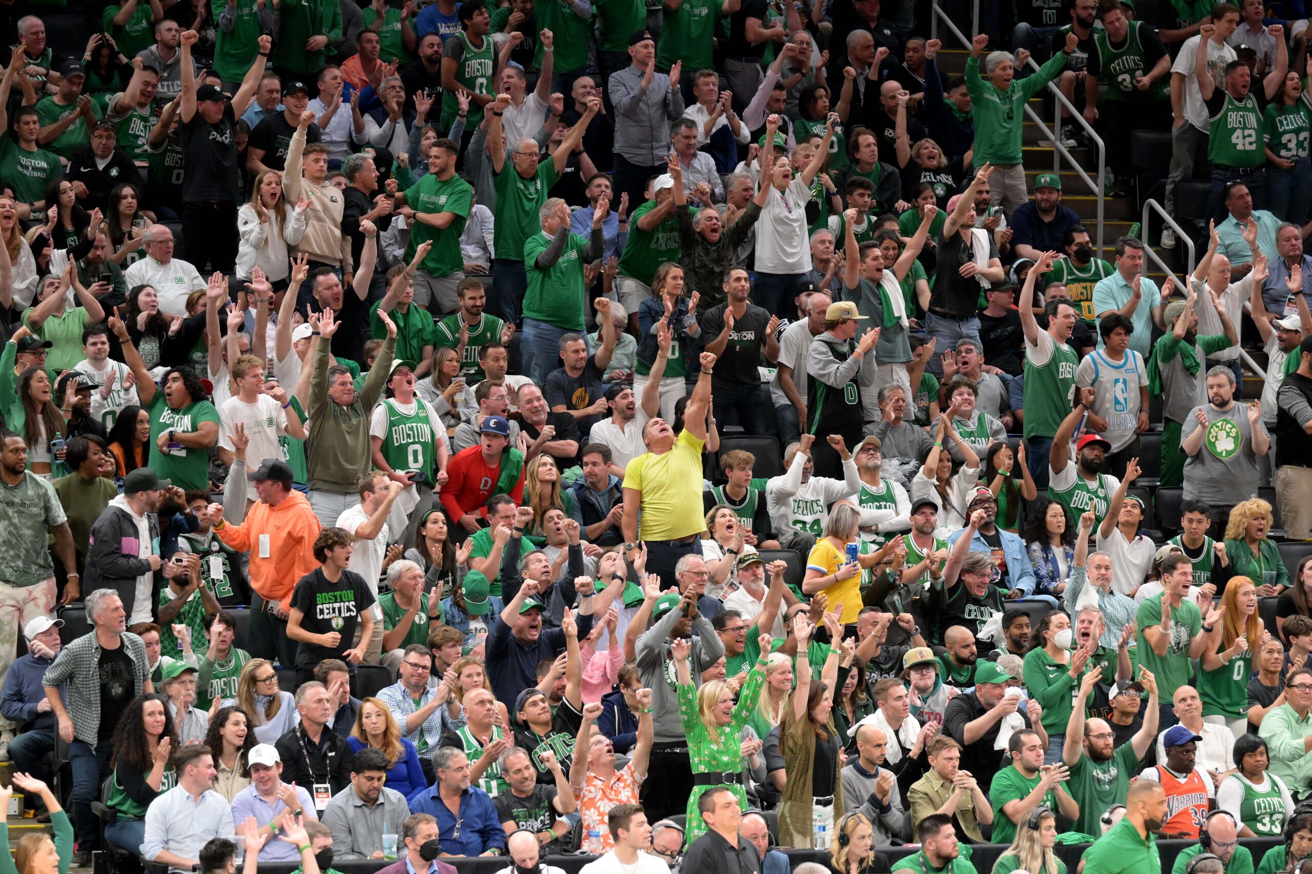 BOSTON, MA - JUNE 08:  The Boston Celtics fans cheer and celebrate during Game Three of the 2022 NBA Finals against the Golden State Warriors on June 8, 2022 at the TD Garden in Boston, Massachusetts. NOTE TO USER: User expressly acknowledges and agrees that, by downloading and or using this photograph, User is consenting to the terms and conditions of the Getty Images License Agreement. Mandatory Copyright Notice: Copyright 2022 NBAE (Photo by Annette Grant/NBAE via Getty Images)