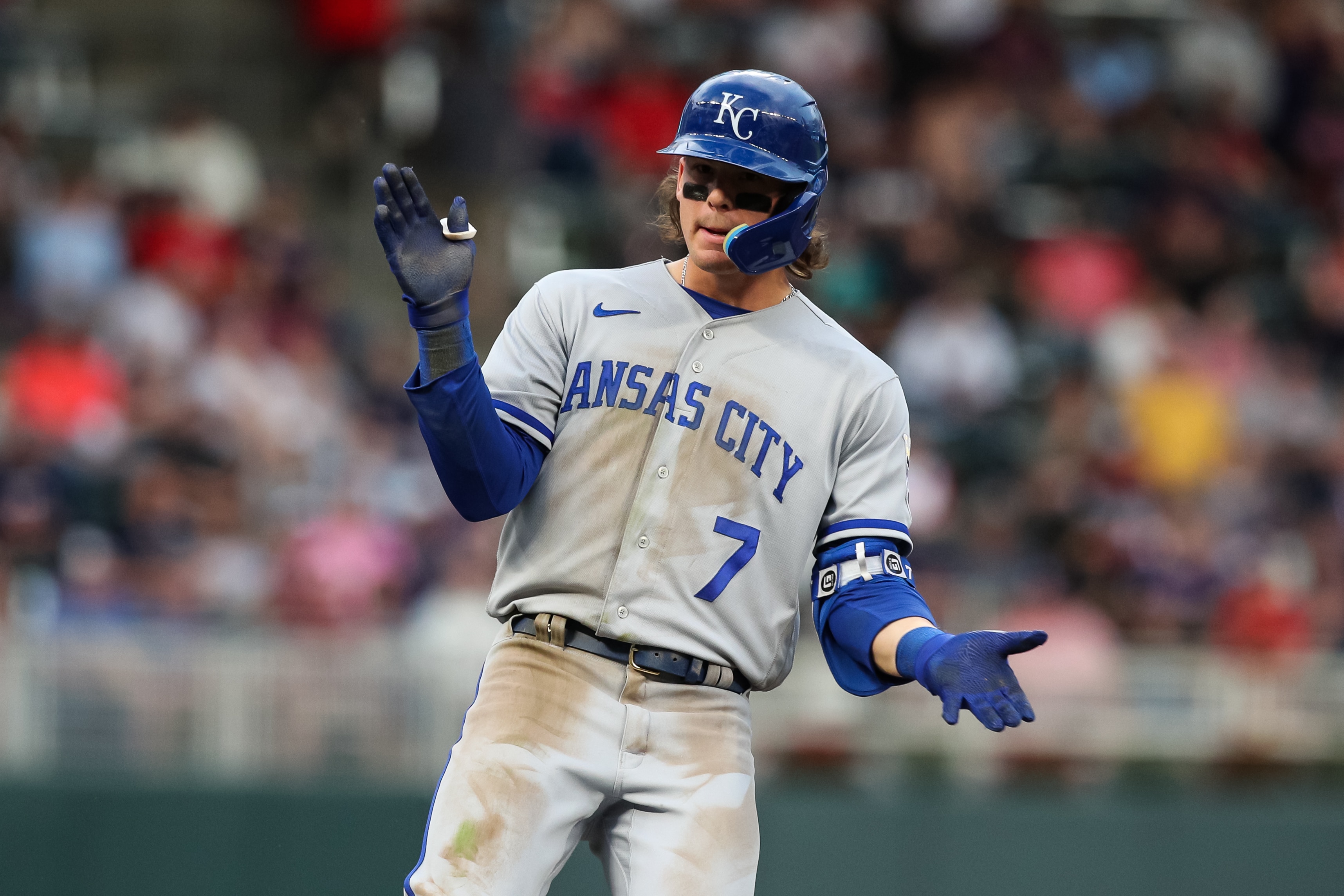 MINNEAPOLIS, MN - MAY 27: Bobby Witt Jr. #7 of the Kansas City Royals celebrates his two RBI triple against the Minnesota Twins in the third inning of the game at Target Field on May 27, 2022 in Minneapolis, Minnesota. (Photo by David Berding/Getty Images)