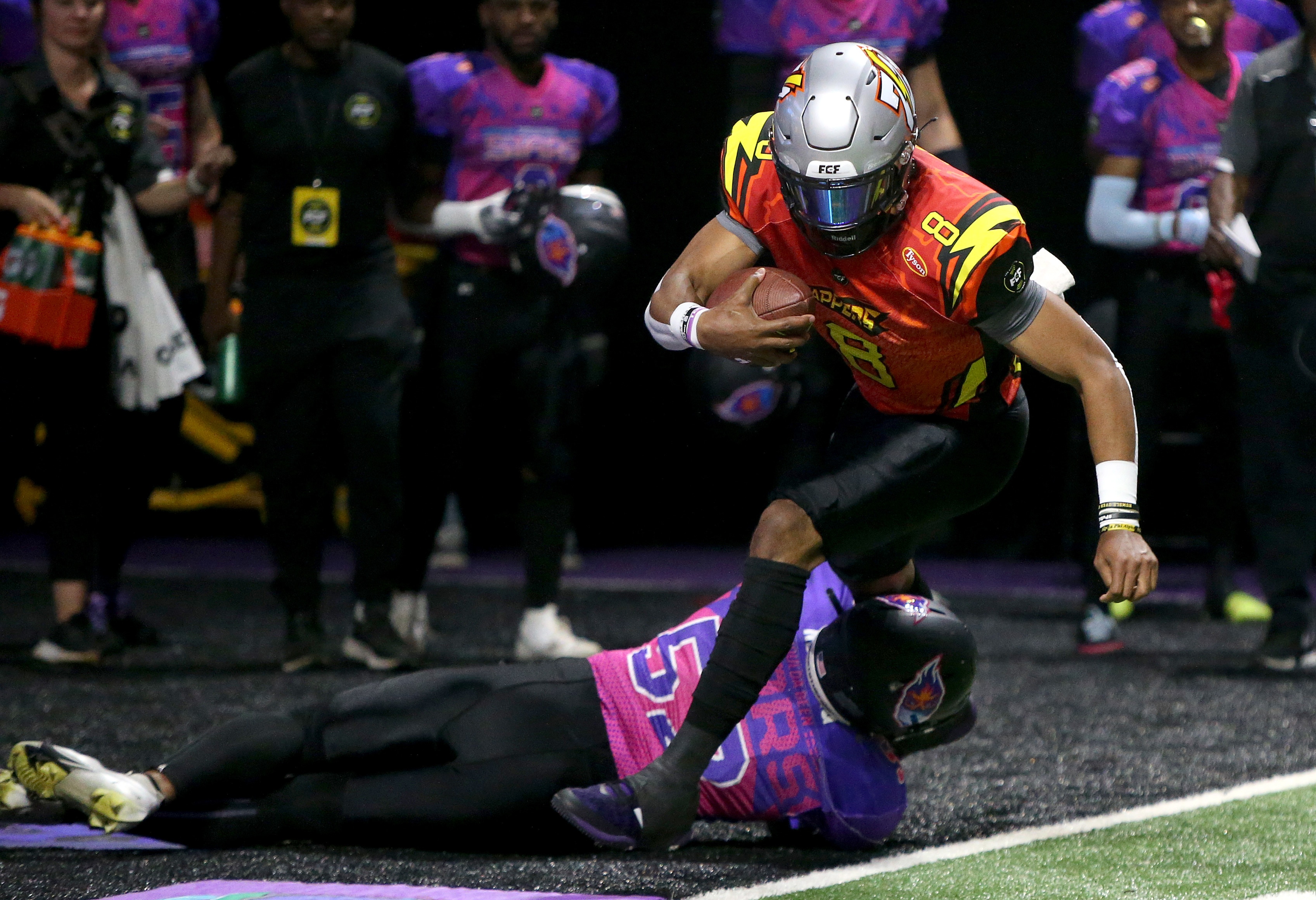 ATLANTA, GEORGIA - JUNE 04: Kelly Bryant #8 of the Zappers is sacked during the first half against the Shoulda Been Stars during Fan Controlled Football Season v2.0 - Playoffs on June 04, 2022 in Atlanta, Georgia. (Photo by Brett Davis/Fan Controlled Football/Getty Images)